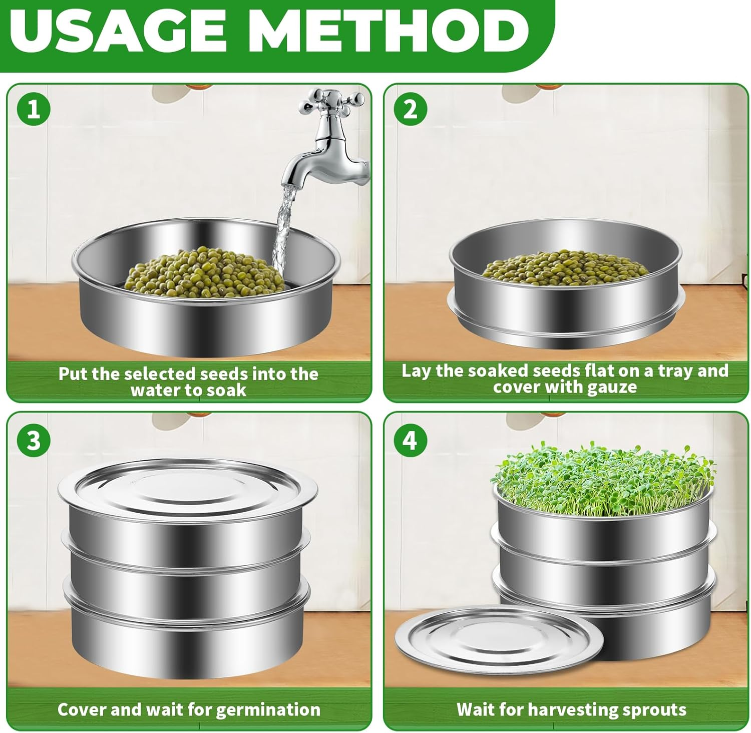 Awobepl Sprouts Growing Kit Stainless Steel Sprouting Kit Stackable Seed Sprouting Tray for Beans Peas image number 6