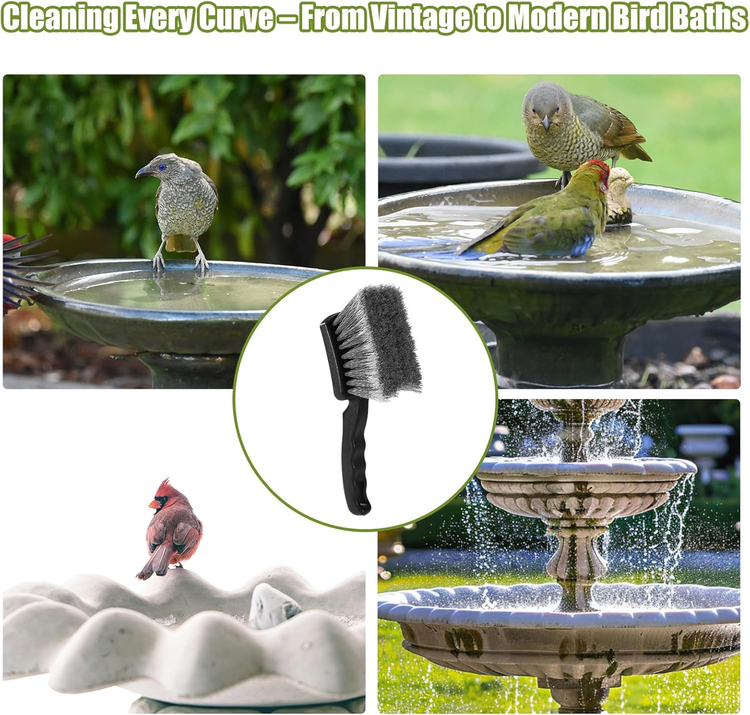 Bird Bath Brush, Black Animal Bath Cleaner with PVC Bristles and Ergonomic Plastic Handle Easy to Use Birdbath Accessories for Bird Feeder Outdoor Cleaning image number 3