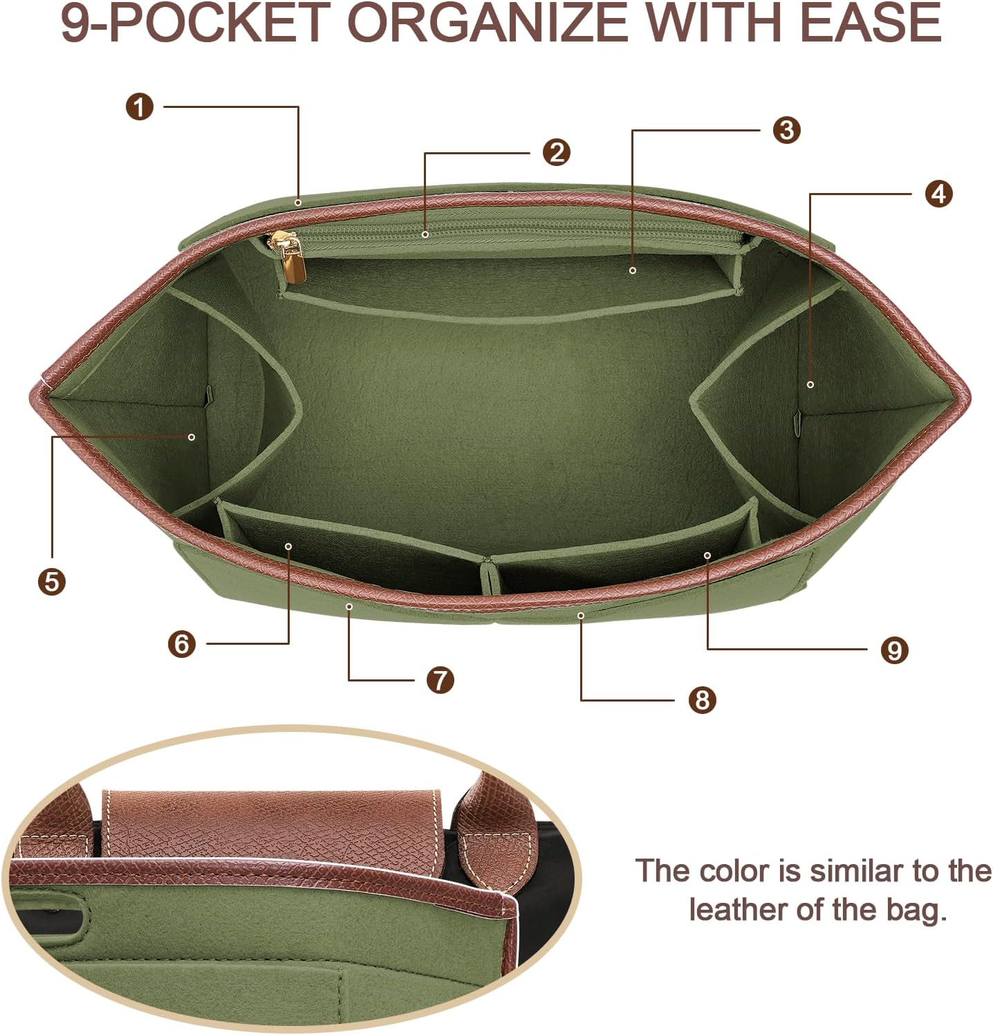 DOIAPUOS Felt Purse Organizer Insert for Longchamp Le Pliage L Bag Handbag Leather Edge Longchamp Organizer Insert (Olive Green, Large) image number 2
