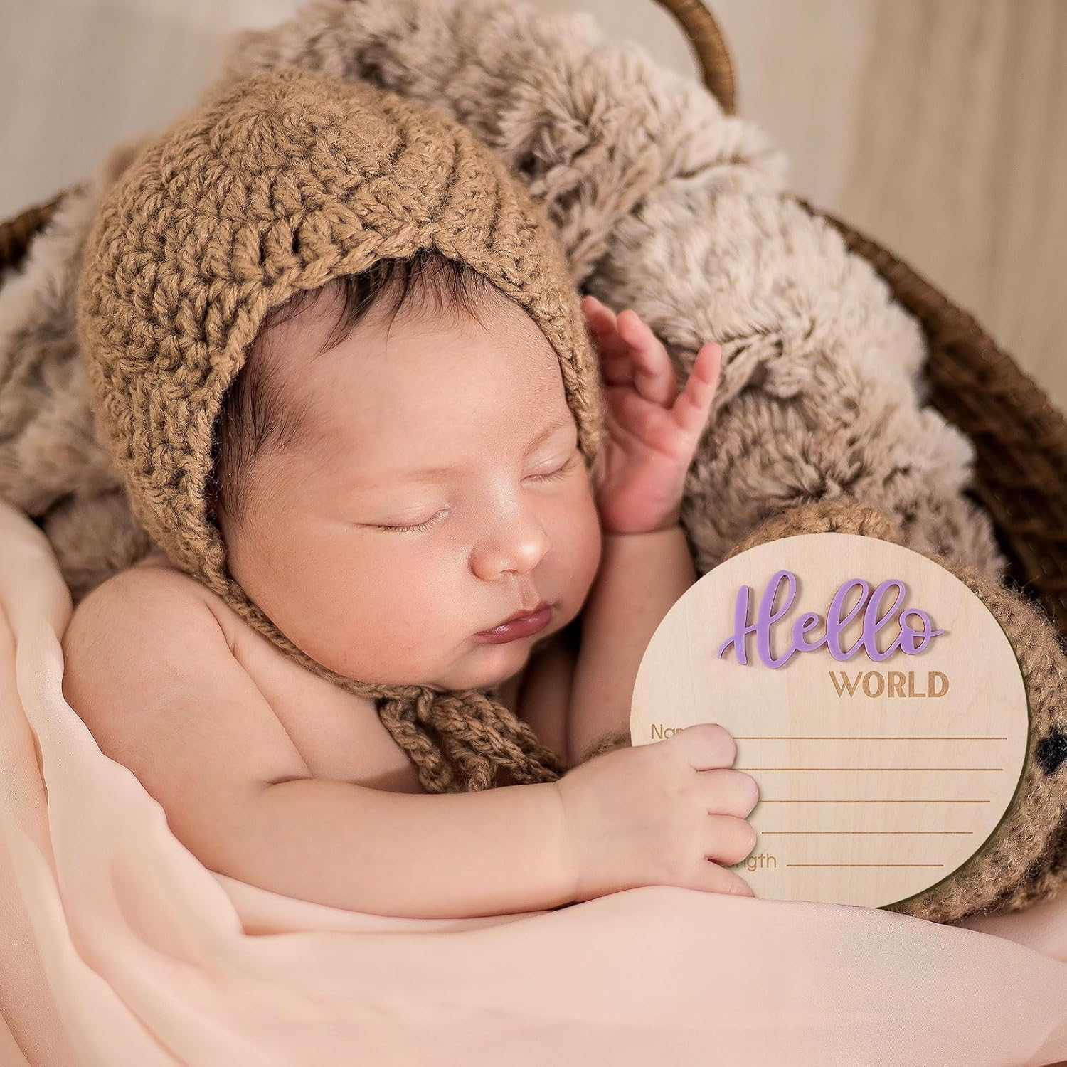 Newborn Announcement Sign, 5.9In Wooden Hello World Sign Baby Welcome Sign Birth Baby Name Plaques for Newborn Boys and Girls Photo Props Baby Shower Hospital Nursery (Light Purple) - Light Pink image number 4