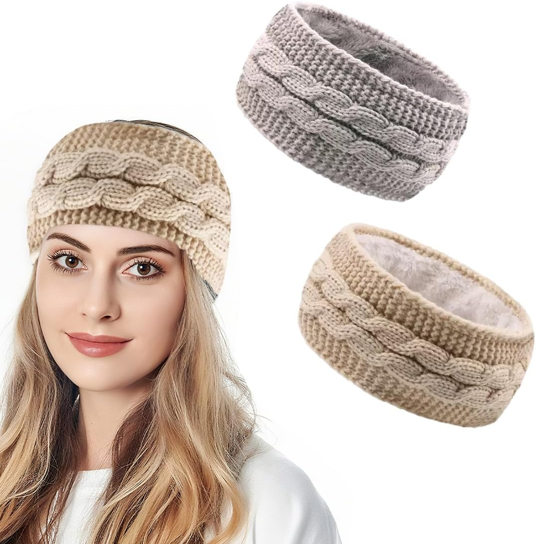 GGUFAY Women'S Winter Headband, Knitted Warm Headbands, Ear Warmers, Headband, Hair Band, Thick for Women and Girls, Elastic Crochet Thermal Headband (Khaki, Light Grey) image number 2