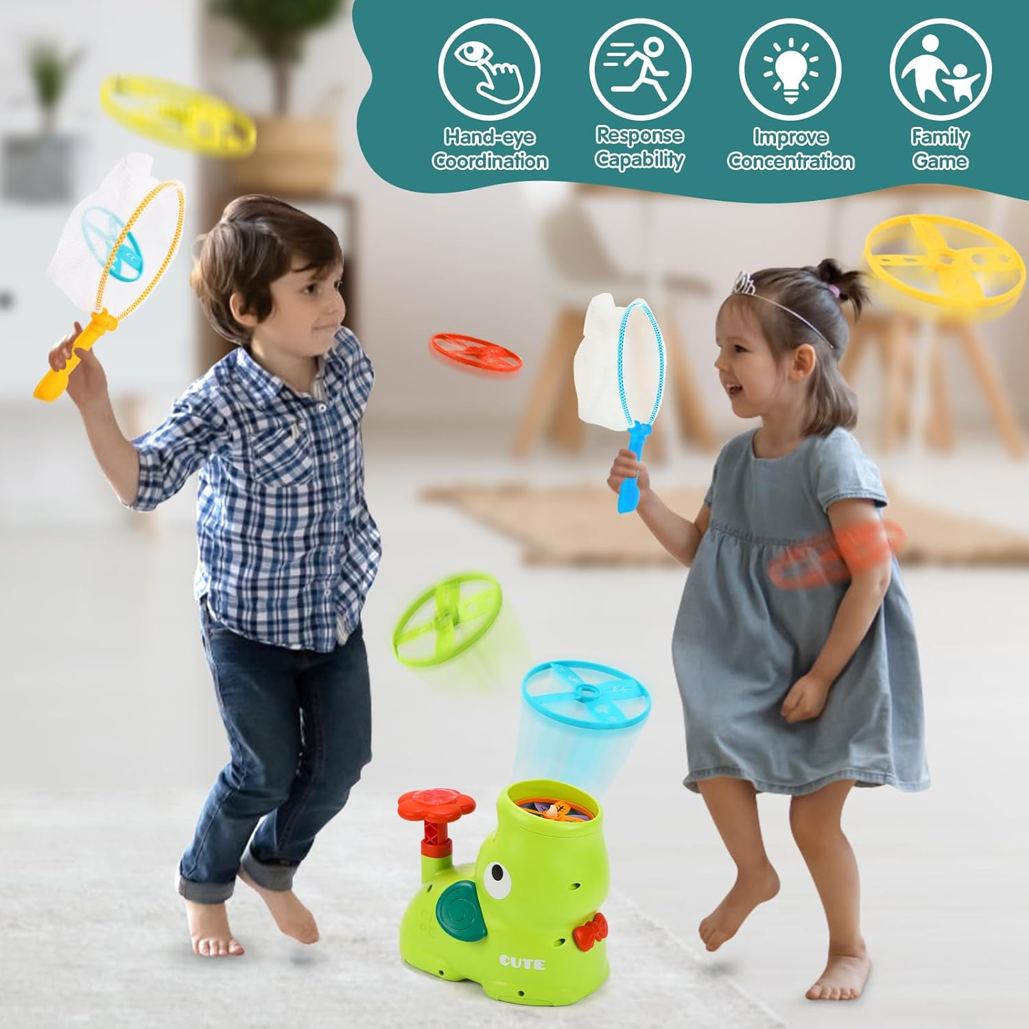 Kaekid Indoor Outdoor Toys for 3+ Year Old Kids - Flying Discs Launcher Toy with 2 Catch Nets, Birthday Fun Gifts Toys for 3 4 5 6 Year Old Girl Boys (Elephant) image number 4
