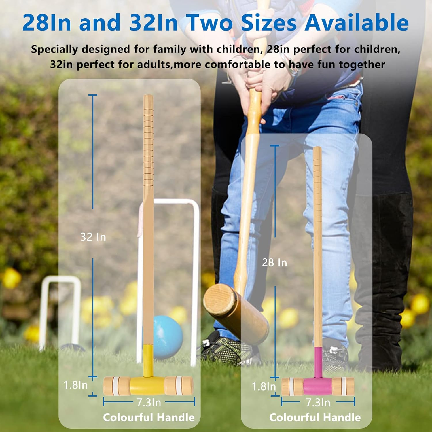 Speedarmis 8 Players Croquet Set with 32In Regulation | 28In Standard Size Rubber Wood Mallets, Colored PE Ball, Wickets, 21In End Stakes - Lawn Backyard Game Set for Teens/Adults/Family image number 2