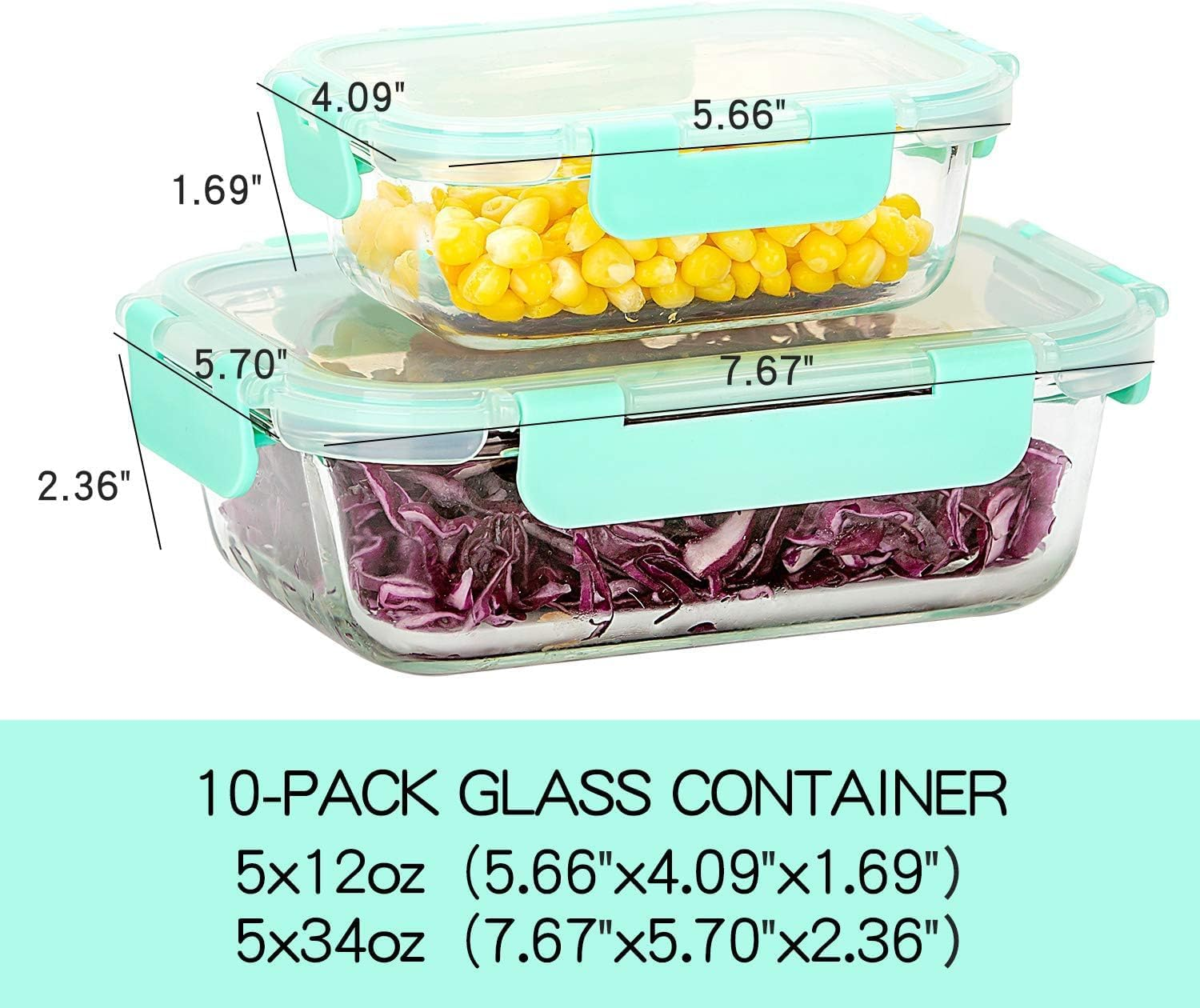 MINYII 10 Pack Glass Food Storage Containers with Lids, Meal Prep Pantry Kitchen Storage Containers for Lunch, Leak Proof, Airtight Glass Lunch Bento Boxes for Microwave, Oven, Freezer (10-Green-01)