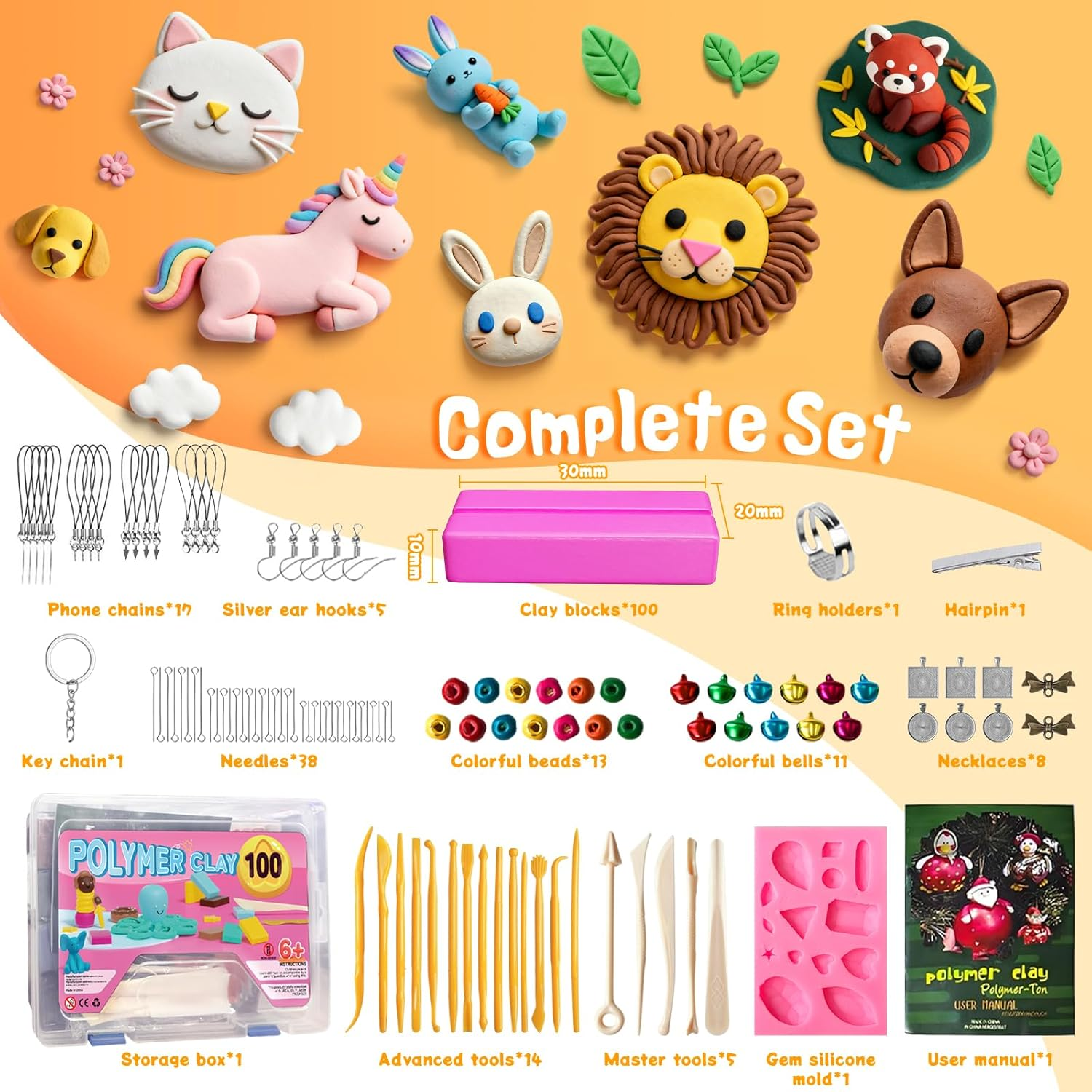 Polymer Clay Tool Kit - 100 Colours Modeling Clay for Kids, Adults, Beginners, DIY Arts and Crafts Baking Clay with 19 Carving Tools & 10 Accessories, Non-Toxic, Non-Sticky for Artist Gifts image number 3