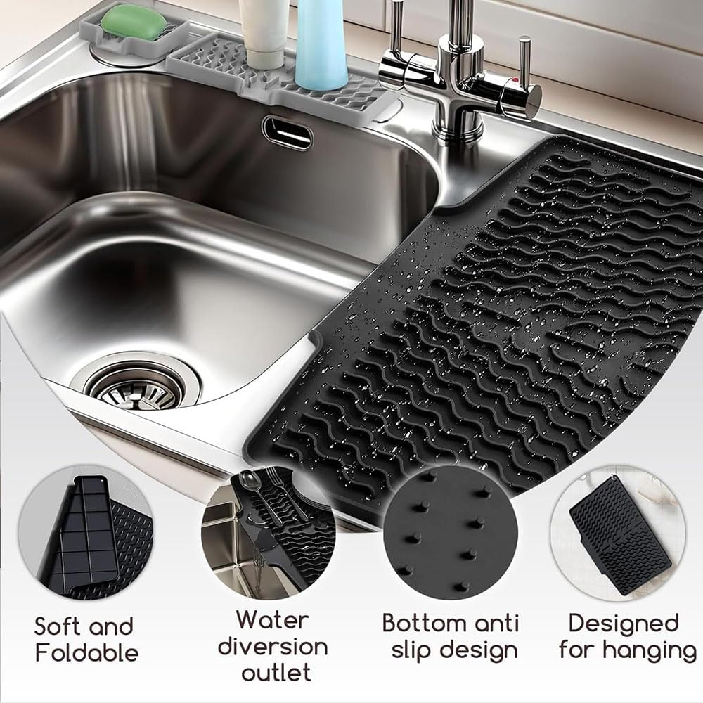 Large Silicone Dish Drying Mat with Self Draining Design and Wavy Groove Pattern Extra Thick, Non Slip Kitchen Counter Mat for Plates, Bowls, Utensils, Odorless, Easy to Clean (40*33Cm) image number 1