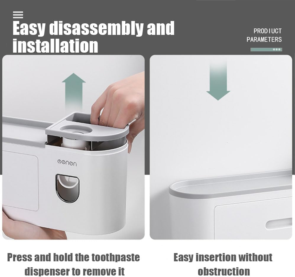 Bathroom Wall Mounted Double Cup Toothbrush Holder, Punch-Free. Automatic Toothpaste Squeezer. Large Capacity Tray, Cosmetic Drawer. image number 2
