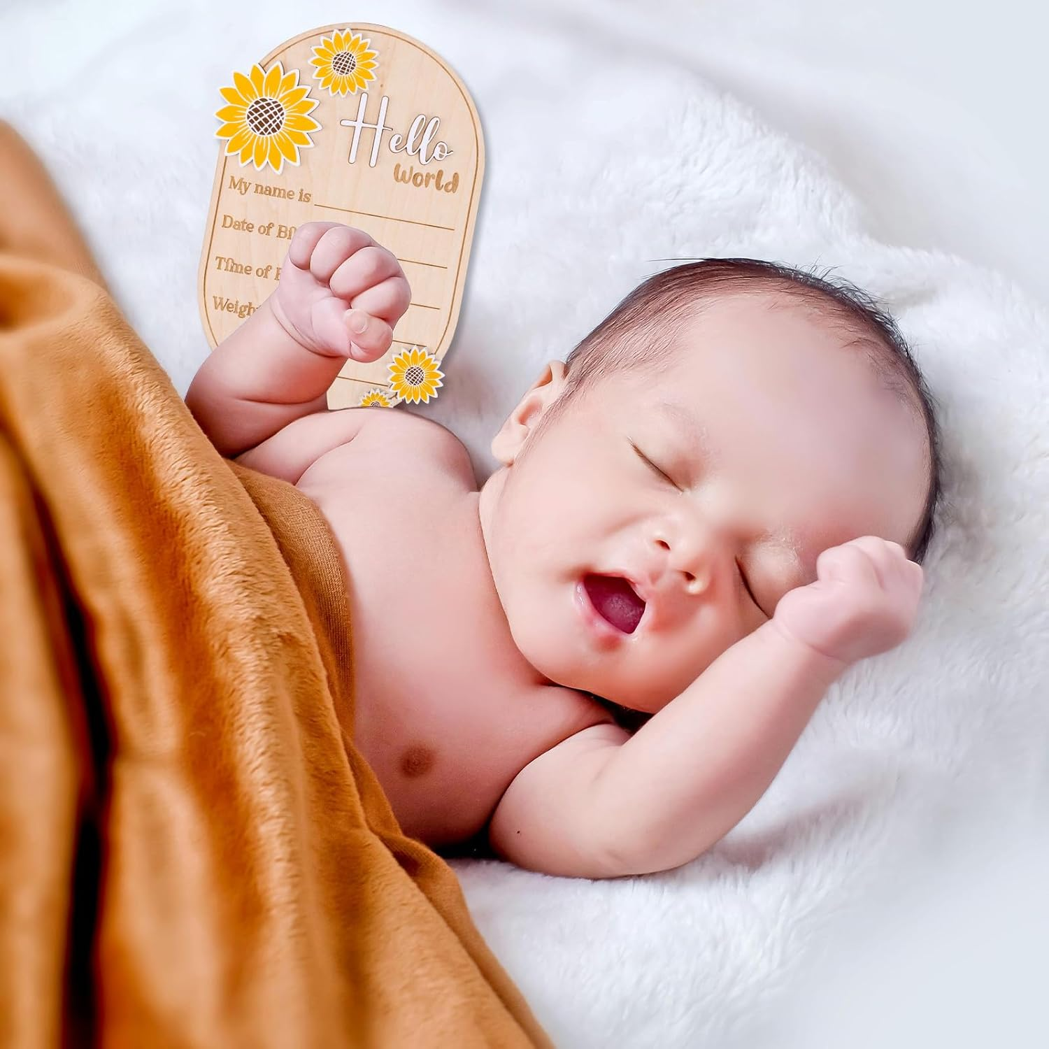 Baby Announcement Sign, 5.9In Newborn Announcement Sign, Oval Sunflower Hello World Sign, Wooden Welcome Birth Baby Name Board Plaques for Boys Girls, Photo Props Baby Shower Hospital Nursery image number 2