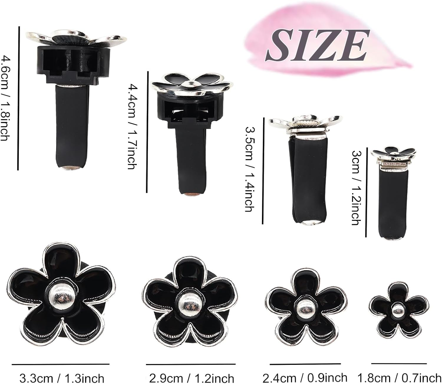 ORIESSE 4Pcs Cute Daisy Flowers Car Air Freshener Vent Clips, 4 Sizes Sparkle Black Silver Flower Car Vent Clips,Girly Women Car Air Freshener, Flowers Car Accessories,Refillable Car Diffuser image number 5