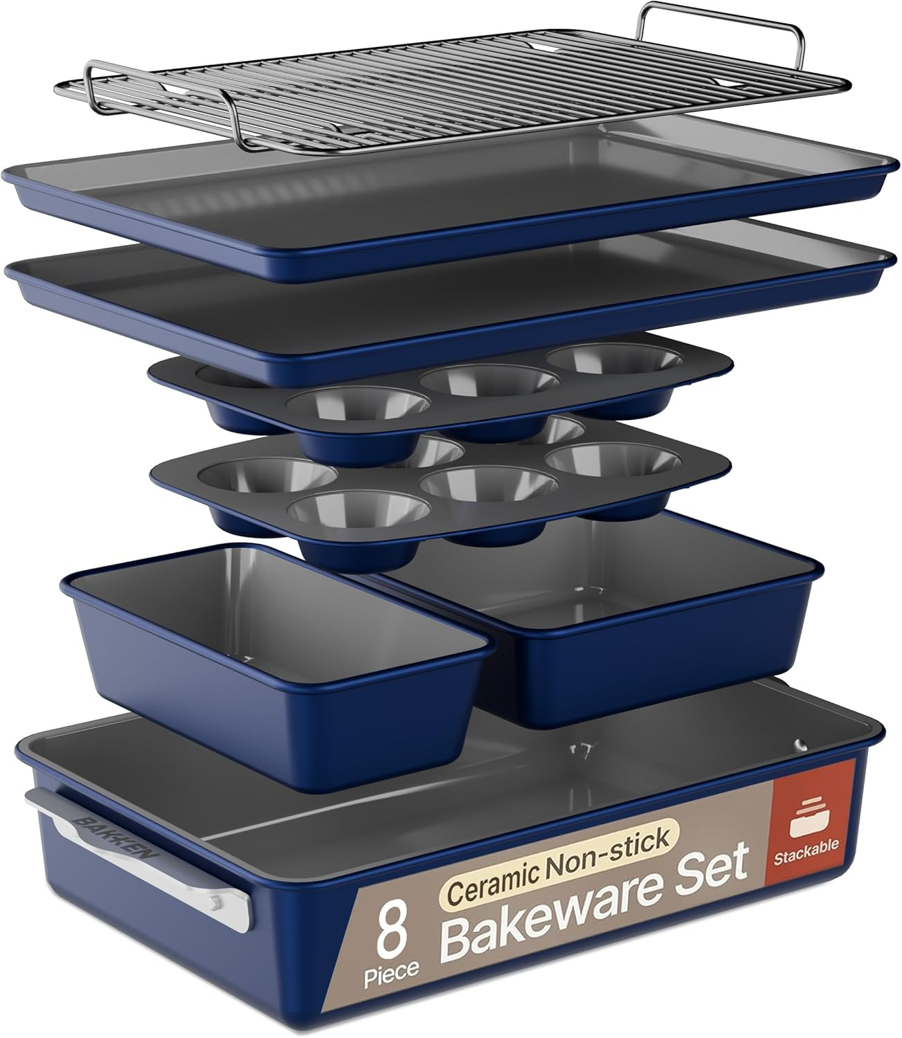 Bakken 8-Piece Ceramic Coated Bakeware Sets, Nonstick Aluminized Steel Pans with Muffin, Loaf, Cake, Roasting Pan, & Cooling Rack, Oven Safe up to 500&deg;F, Dishwasher Safe, BPA, PTFE & PFAS Free, Blue