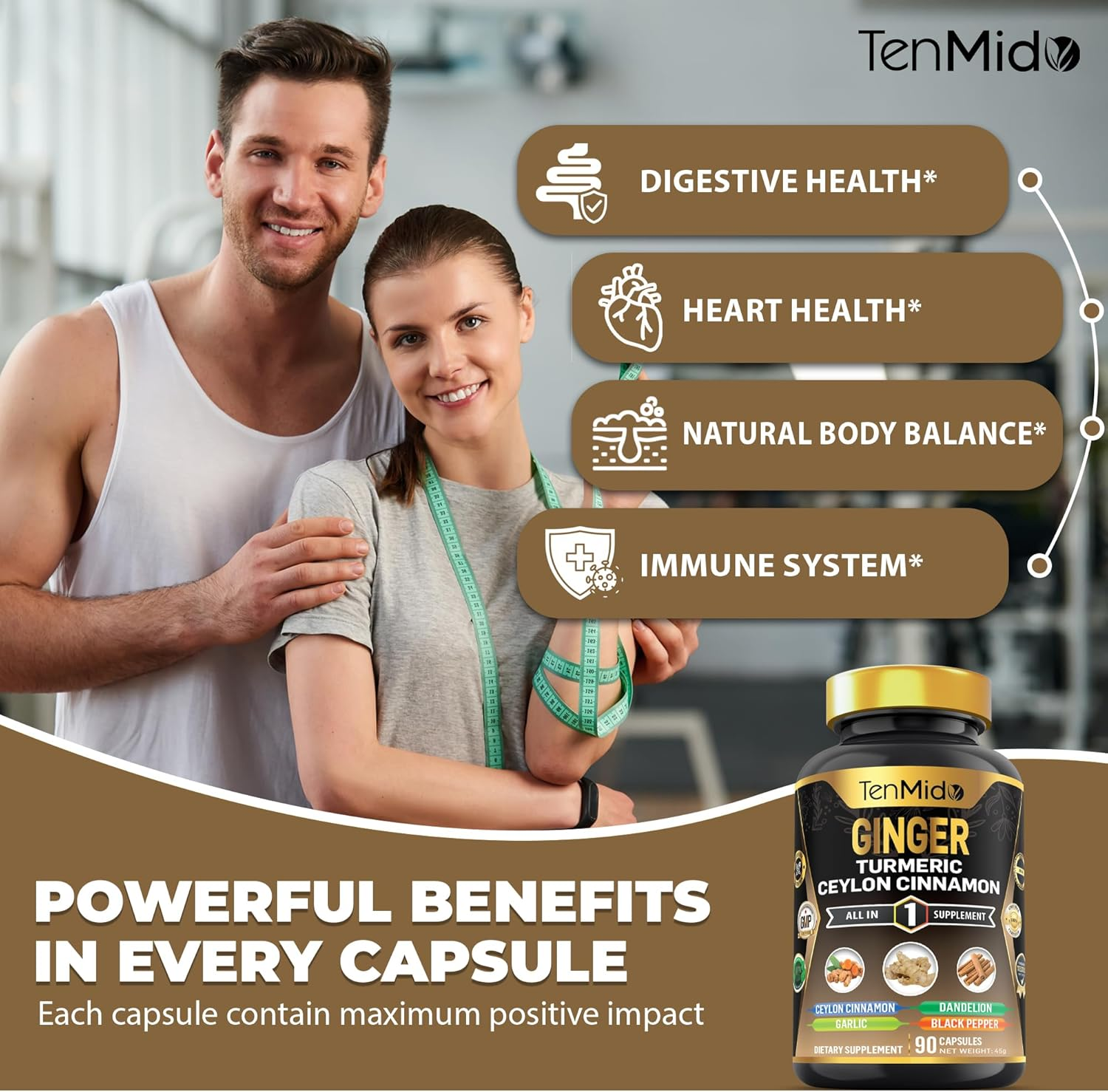 Tenmido Ginger & Turmeric Supplements - 6In1 with Ceylon Cinnamon, Garlic, Dandelion and Black Pepper - Digestive Health - 90 Vegan & Non-Gmo Capsules image number 4
