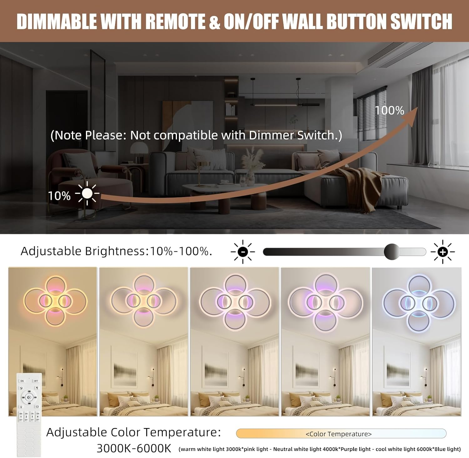 ZAITINZ Modern LED Ceiling Light,70W Flush Mount Ceiling Light,Dimmable Ceiling Lights for Bedroom,6 Rings Lighting Fixture LED Ceiling Lamp for Kitchen,Living Room,Laundry Room,3000-6000K,White image number 3