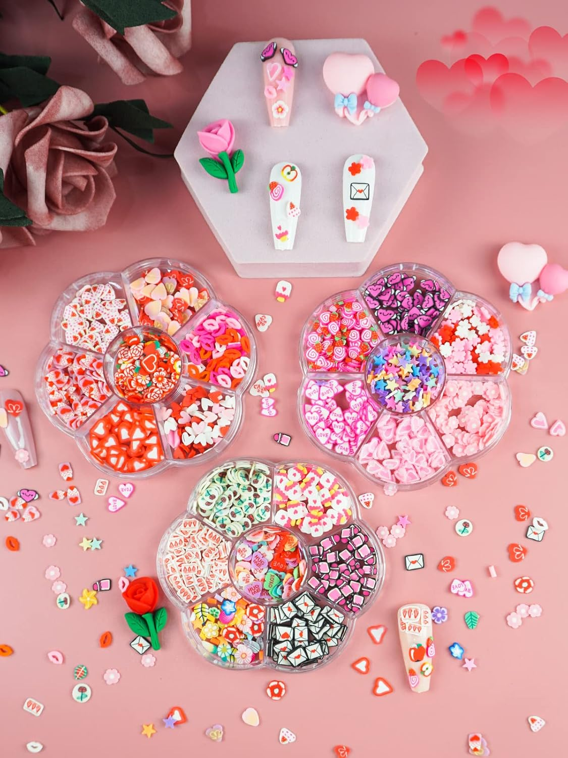 3 Boxes Valentine'S Day Nail Sequins Glitter, Wsimily 3D Flower Love Lips Star Envelope Valentine'S Soft Polymer Clay Slices for Acrylic Nails Design Valentine'S Day Gift Party Decoration