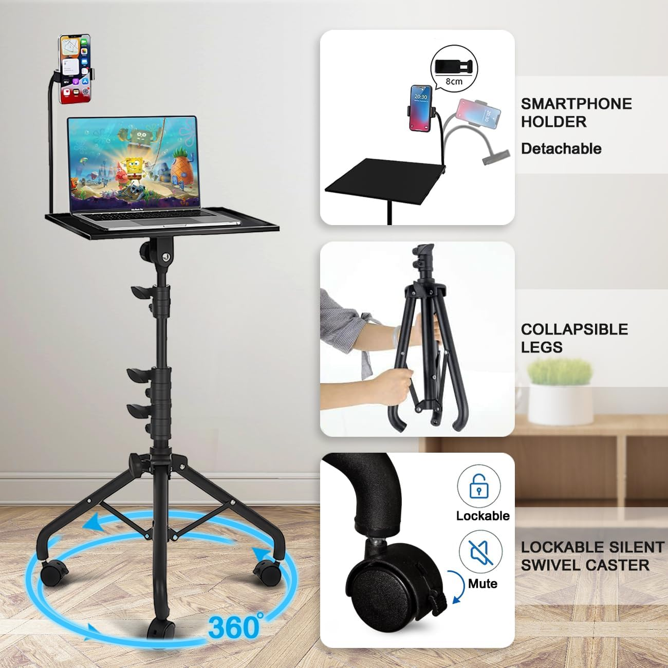 Aumerage Projector Stand with Phone Holder, Adjustable 60-130CM Foldable Tripod Floor Stand for Projector/Laptop, Portable Home Theater & Office Studio Equipment for Movies, Stage, Outdoor Use(With Wheels) image number 1