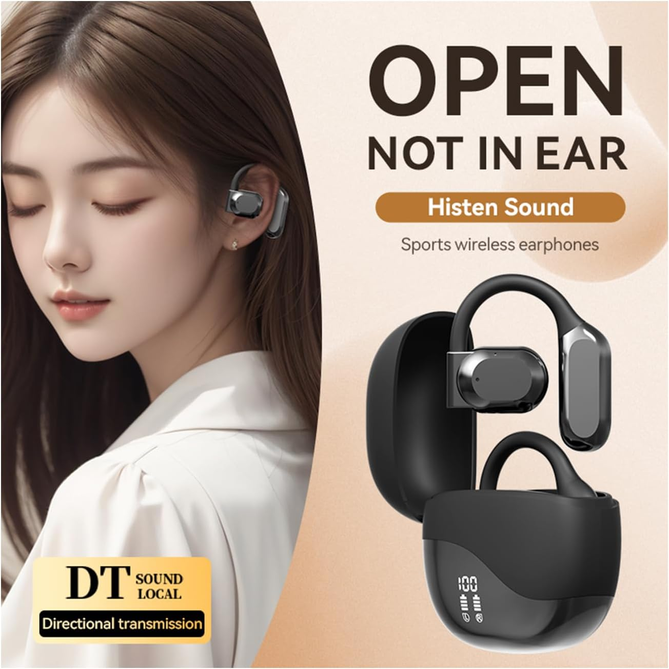 Oimzzr M62 Wirel Headset Ligent Digital Display Call Noise Cancellation Surround Stereo Sound Fingerprint Control OWS On-Ear Sports Headset Suitable for Travelling Busin and Study image number 3