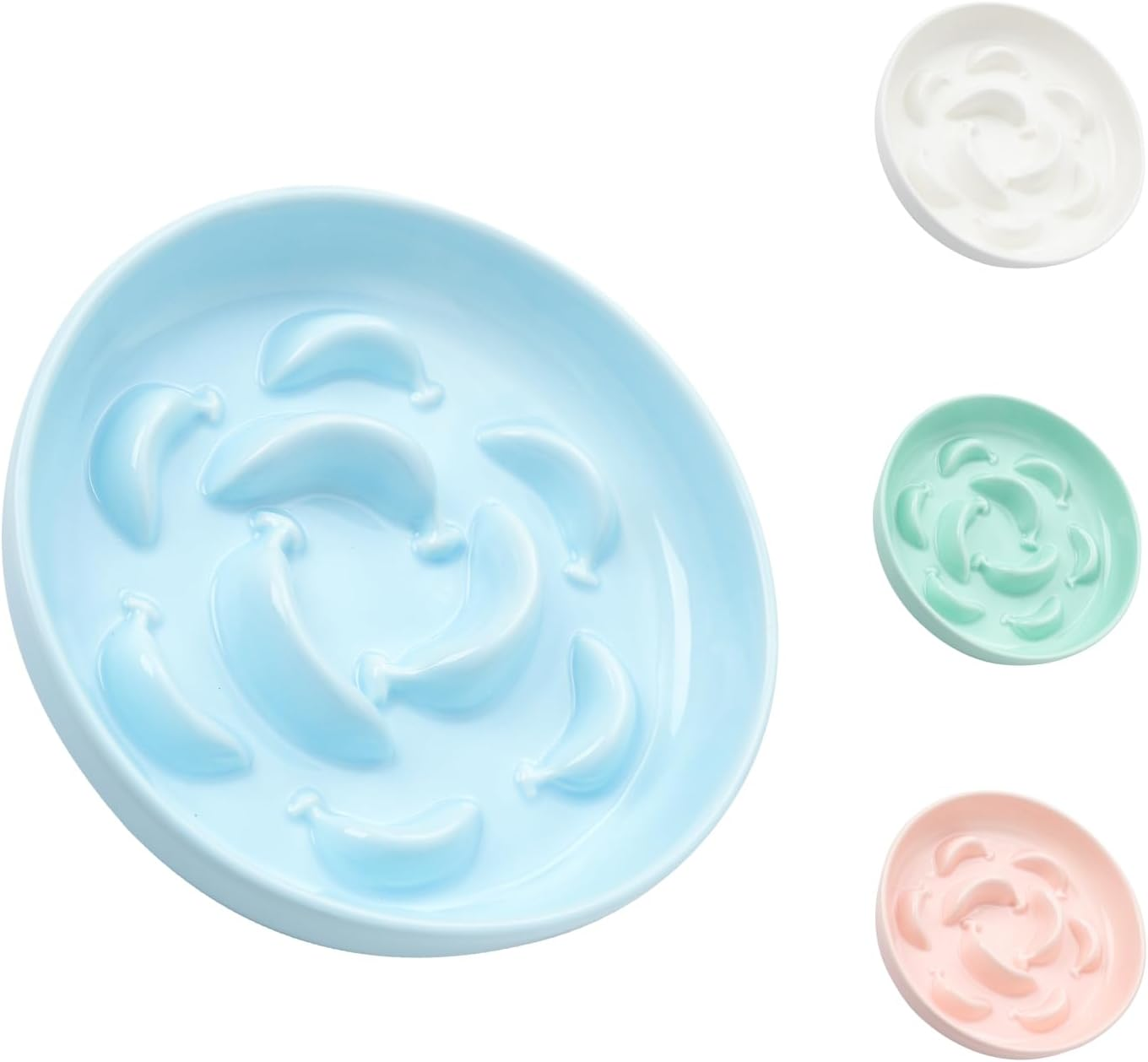 Ceramic Pastel Series Slow Feeder Bowl - Cute Maze Cat Food Plate for Healthy Eating - Fun Puzzle Feeder Dish - Dishwasher Safe - 6.3''W X 1.2''H - 7 OZ - Pale Blue - Bamboo Stand - Bright Yellow image number 2