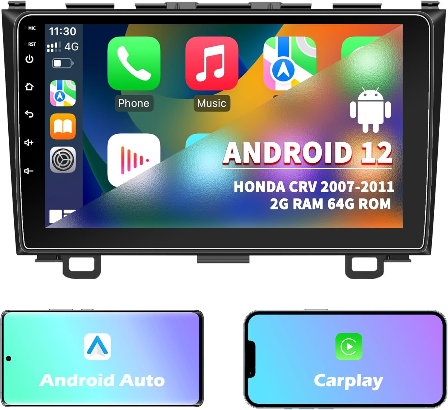 Android 12 Car Stereo for Honda CRV 2007 2008 2009 2010 2011 with Wireless Carplay/Android Auto, Car Radio Bluetooth, HD Touchscreen, GPS Navigation, Wifi/Hotspot, SWC Voice Control Head Unit 2G+64G image number 1