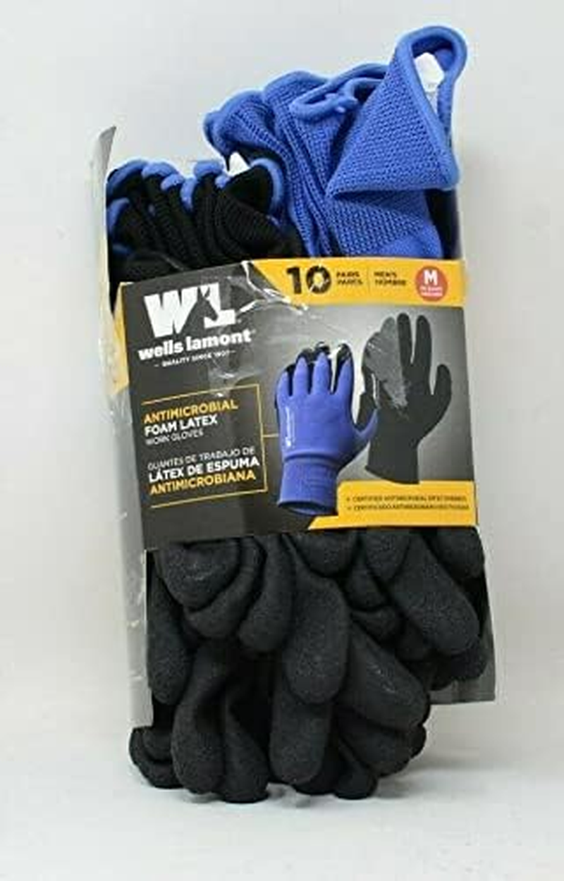 Wells Lamont Men'S Antimicrobial Work Gloves Foam Latex Coating Knit Liner -10 Pairs (Medium, Black/Blue)