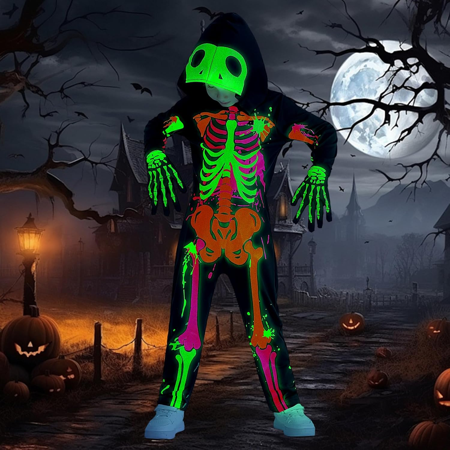 Weixinbuy Kids Halloween Skeleton Costumes Toddler Luminous Scary Skull Bones Jumpsuit Glow in the Dark Outfit for Child Baby image number 1