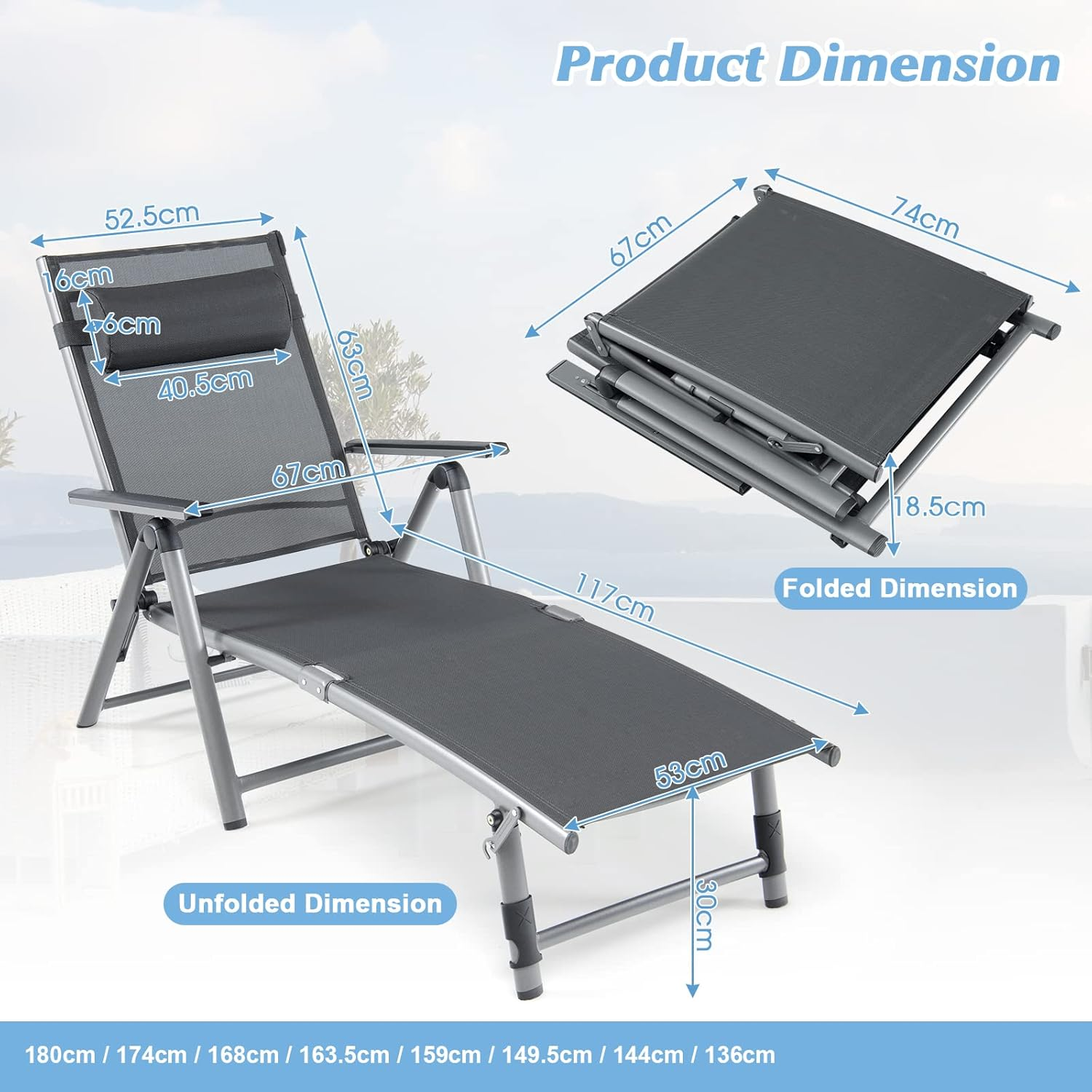 Costway Patio Lounge Chair, Rustproof Aluminum Chaise Lounge Chair with 8-Position Adjustable Backrest, 2-Postion Footrest, Comfortable Headrest, Outdoor Folding Reclining Chair for Outside