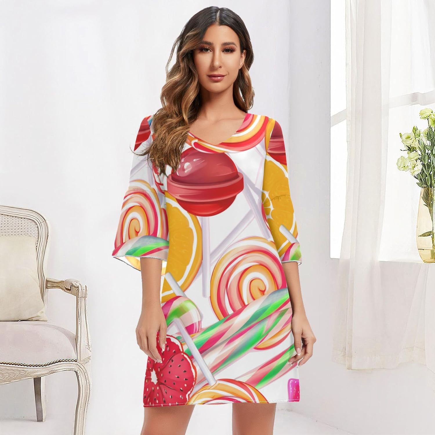 Vibrant Candies Colorful V Neck Dress Printed Line Maternity Dress S-XXL image number 5