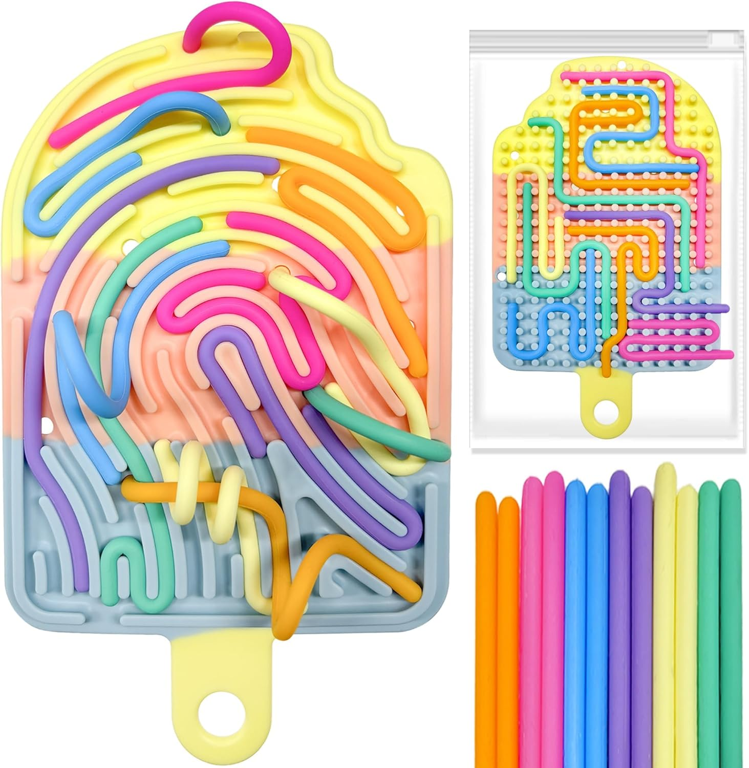 Silicone Sensory Activity Board, Double-Side Fidget Toy for Anxiety, Stress, ADHD, Autism and Calming, Silent, No Mess, Sensory Board with Portable Travel Bag & 12 Strings, Kids 3+ & Adults, Colorful image number 2