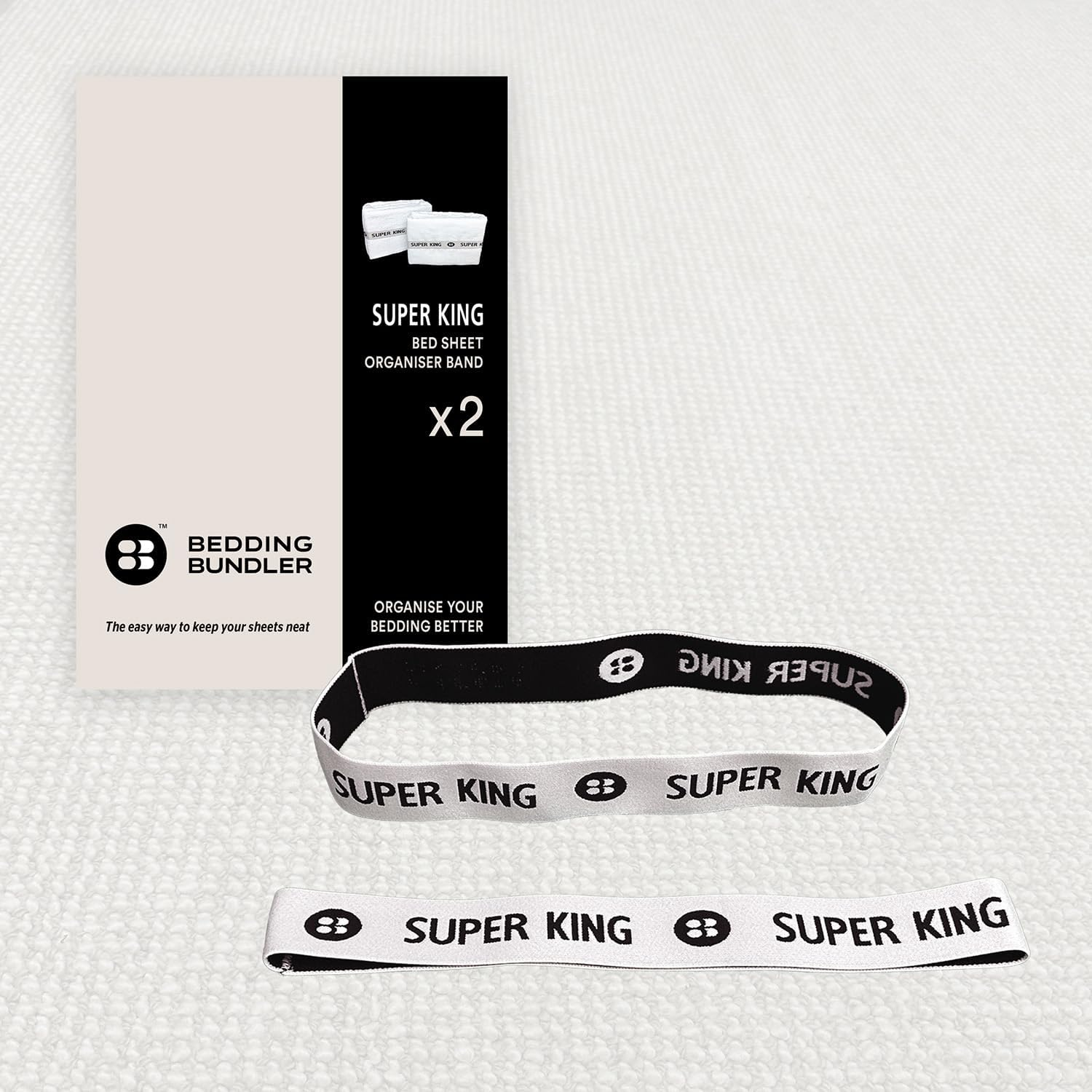 BEDDING BUNDLER Bed Sheet Organiser Bands | 2-Pack Premium Storage Woven Label for Single to Queen Size, King, Super King & Covers | Keep Linen Neat & Organised | Carbon Offset (Natural, Super King) image number 6