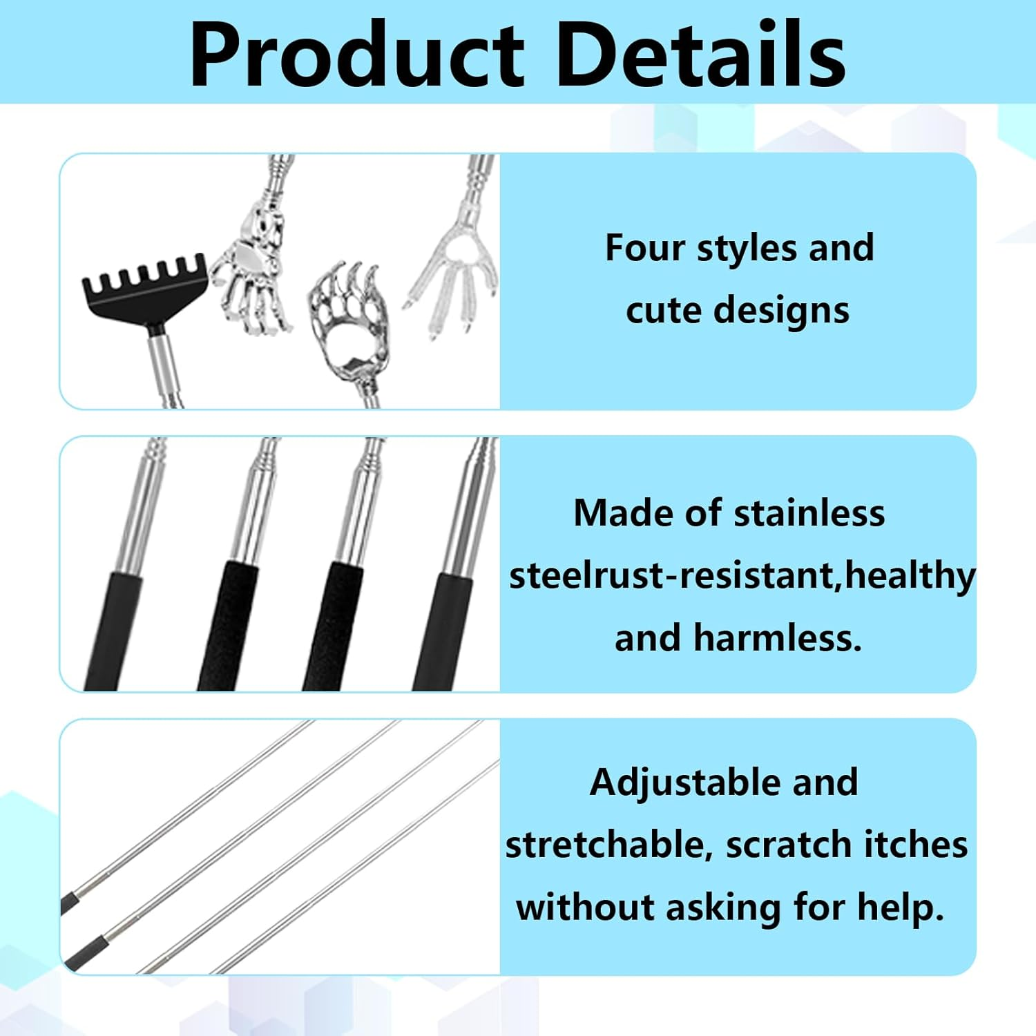 Back Scratcher, 4 Pcs Back Massager, Massage Stick, Black Portable Extendable Stainless Steel Itch Scratchers for Adults Men Women Itch Relief, Bear Claw & Eagle Claw & Demon Hand Various Shapes image number 1