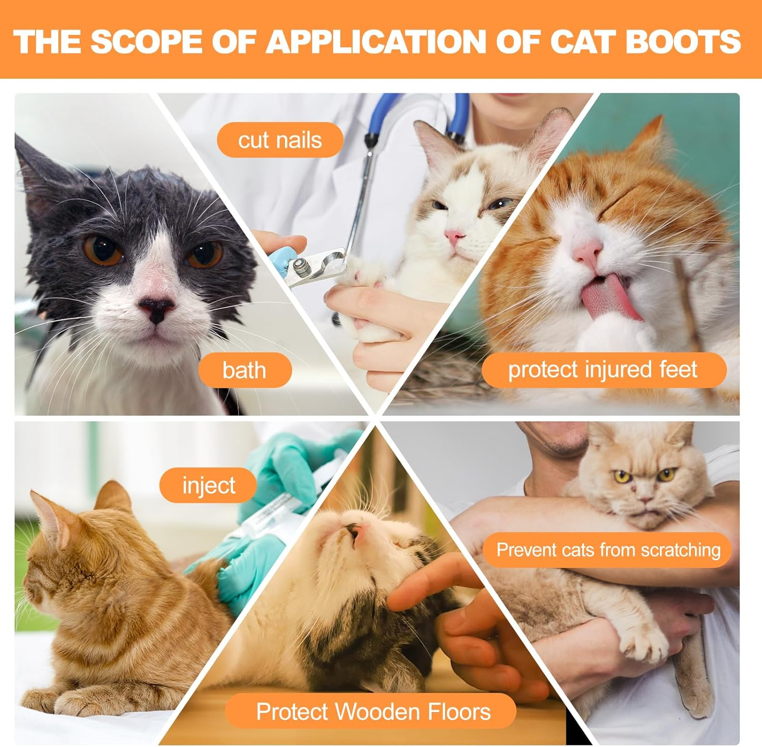 Cat Boots,Paw Covers Anti-Scratch Cat Foot Covers for Cats Adjustable Mesh Cat Claw Protectors Non-Slip Breathablesuitable for Family Pet Cat Bathing and Nail Cutting (4 Pieces) (L, Orange) image number 4