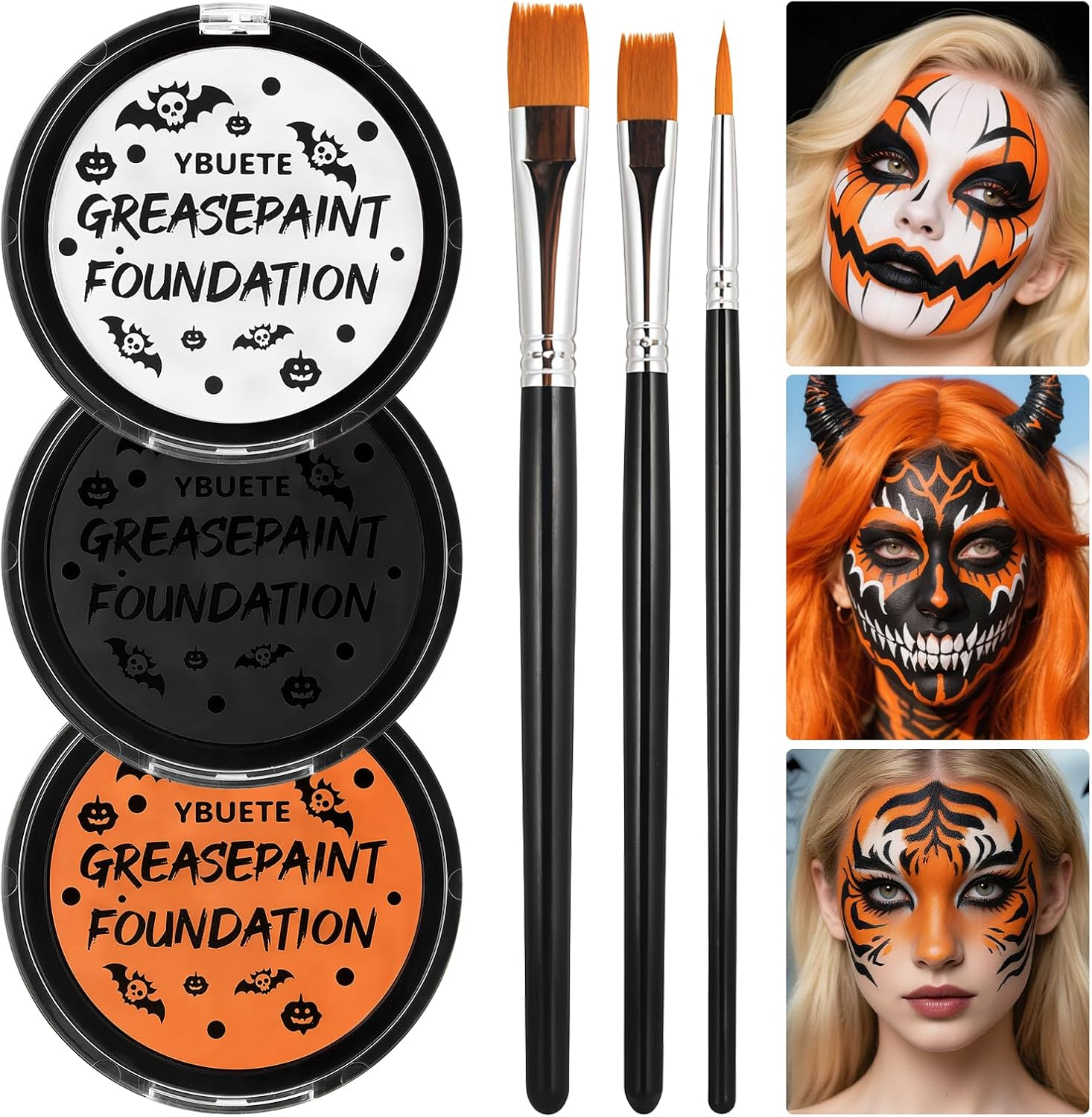 YBUETE Orange Black White Oil Based Face Paint Kit with Painting Brushes, Professional Full Coverage Greasepaint for Adults Halloween Cosplay SFX Tiger Pumpkin Makeup Carnival Theater Stage image number 5