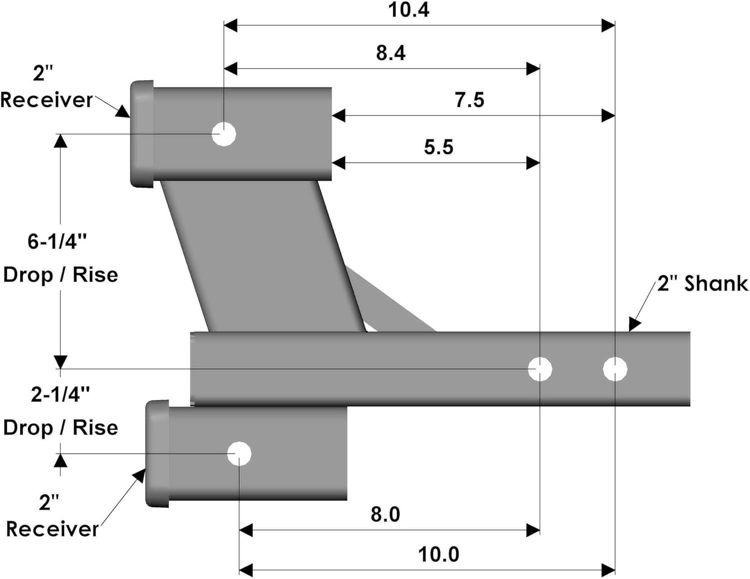 TOPTOW 64085 Trailer Dual Hitch Extender, 2-1/4-Inch & 6-1/4-Inch Rise/Drop, 2" Receiver, 2-Inch Shank, 7500Lbs Capacity image number 6