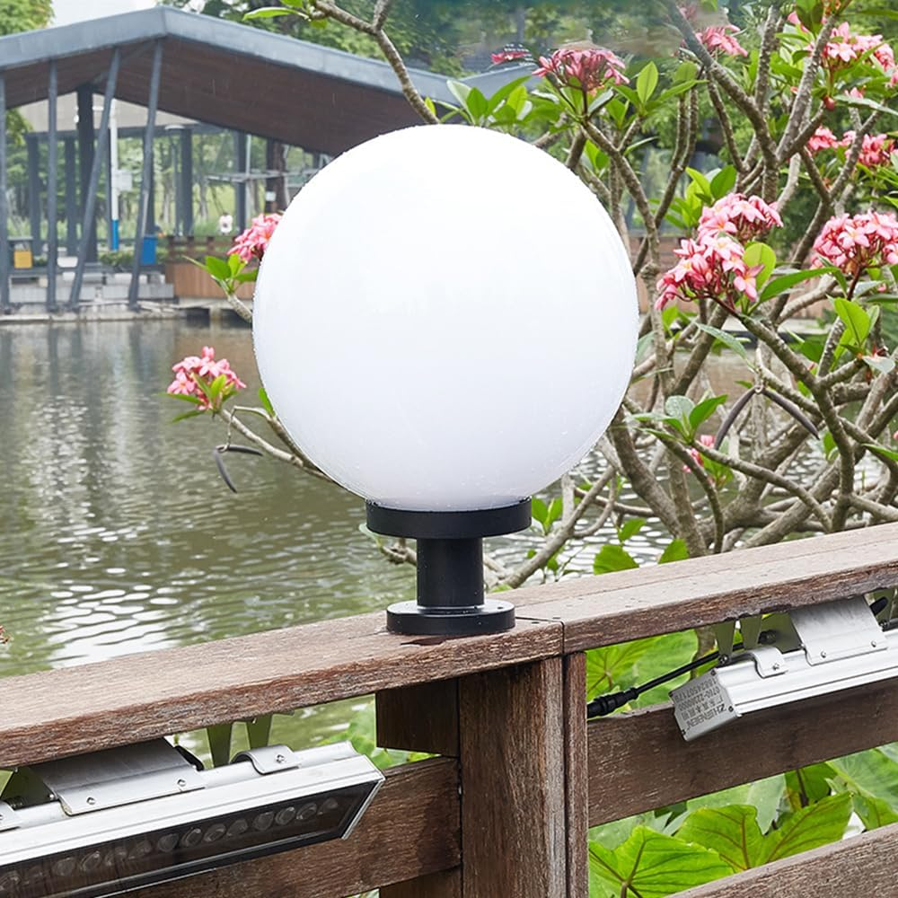 Outdoor Globe Post Light, White Sphere, Waterproof Garden Pillar Lamp, Black Base, E26/E27 (Big)