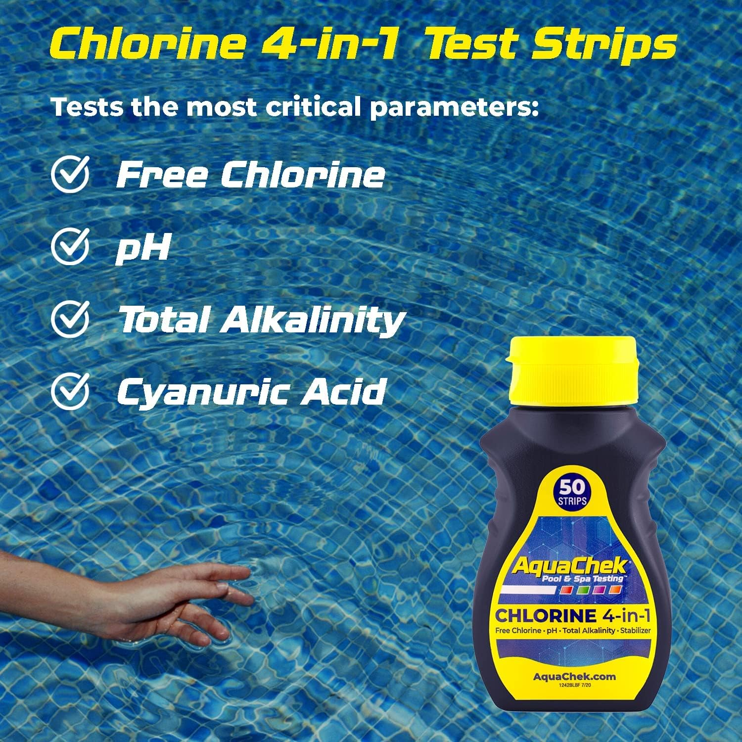 Aquachek Yellow 4-Way Pool and Spa Test Strips - 50 Yellow Test Strips - Swimming Pool Test Strips for Ph, Free Chlorine, Total Alkalinity, and Cyanuric Acid - Quick and Accurate Results - Testing Kit