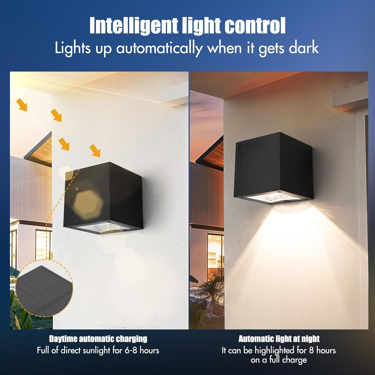 Solar Wall Light Outdoor Pack of 4 Solar Lights for Outdoor Garden with 2 Lighting Modes, IP65 Waterproof Wall Light, Solar Lights, Fence Light for Wall, Patio, Garden, Steps, Stairs, Fences - Warm White  Cool White-4 Pieces image number 6