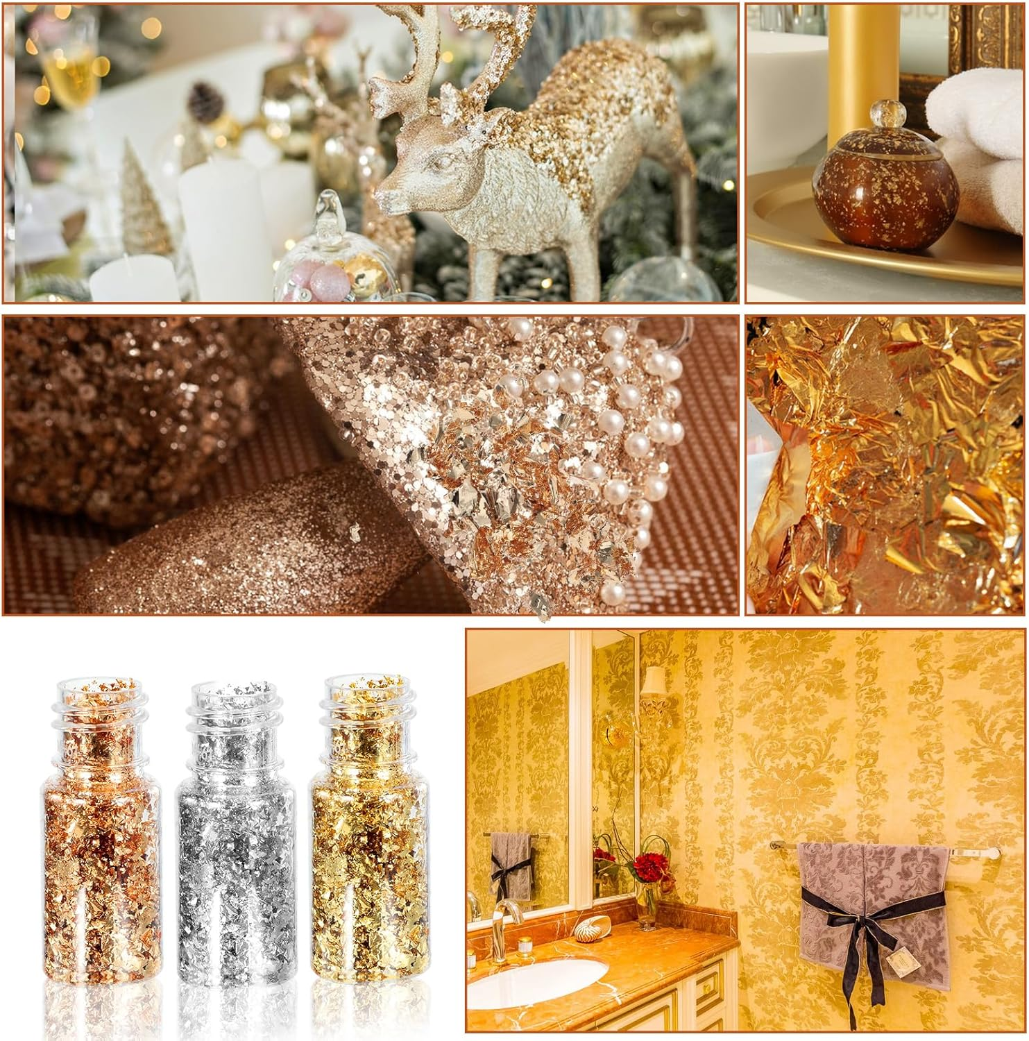 2Pcs Imitation Gold Foil Flakes Cake Glitter Gold Leaf Sheets Nail Art Gold Foil Flakes Gold Leaf Paper Baking Decoration for Cooking Dessert Cupcakes Chocolate (Gold+Silver+Rose Gold)