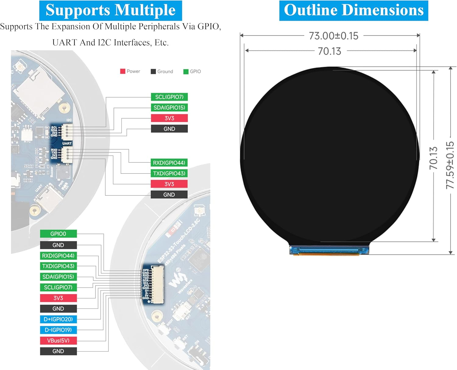 Ueekkoo ESP32-S3 2.8" round Display Development Board, 480X480 Resolution IPS Display, 32-Bit LX7 Dual-Core Processor, Wifi & BLE, Single Board Computer image number 6