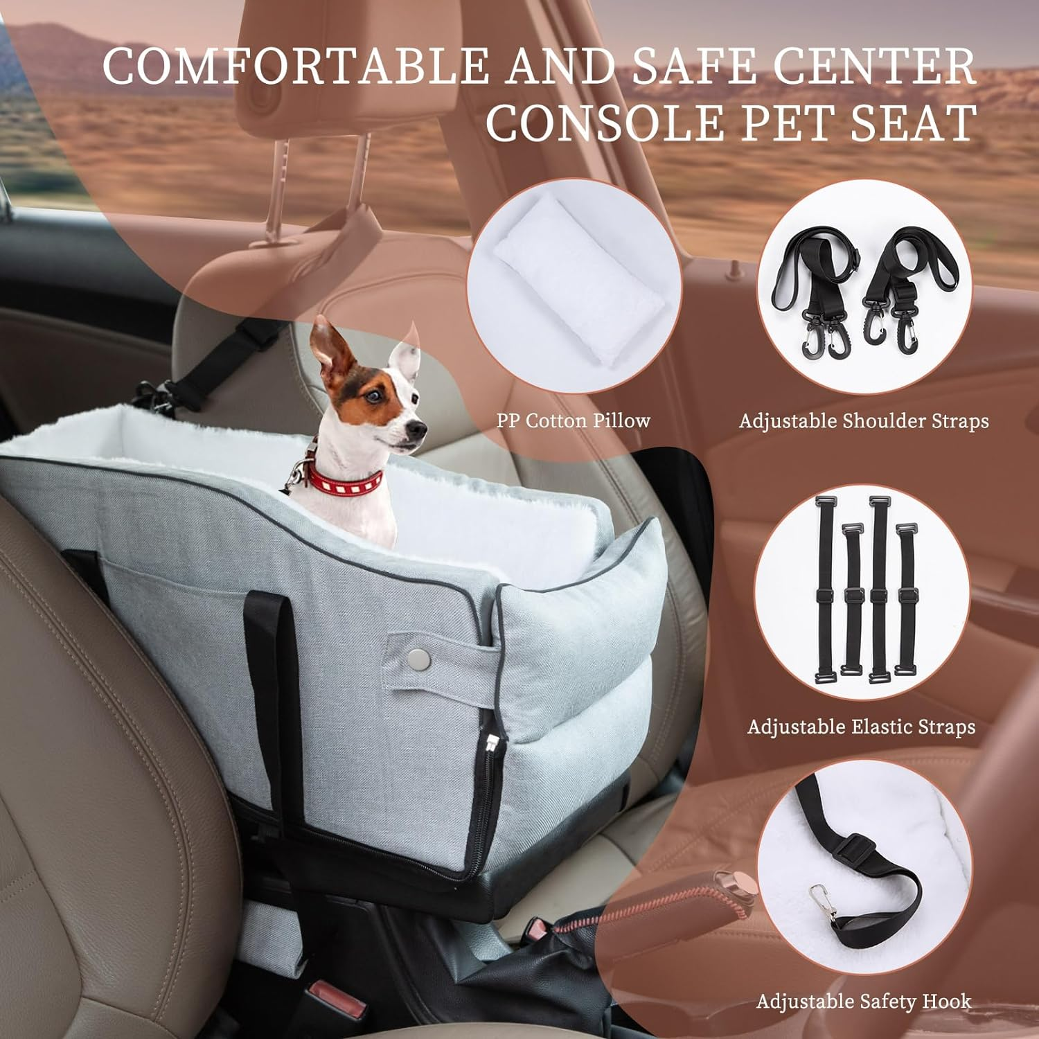 Center Console Dog Car Seat, Dog Car Seat for Small Dogs Cats under 12 Lbs, Dog Booster Car Seat with Safety Tethers, Washable Dog Car Bed, Dog Travel Bag with Fixed Straps, Fits Car, Travel image number 5
