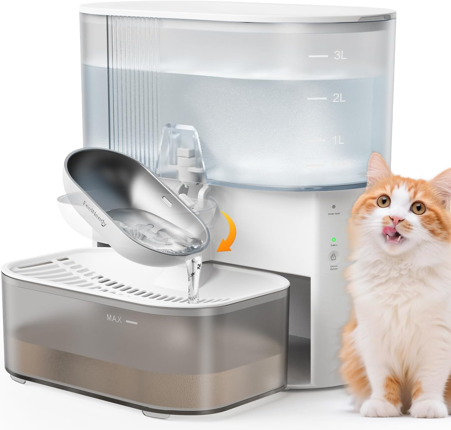 Wireless Cat Water Fountain No Filters, Wastewater Separation, FEELNEEDY Stainless Steel Bowl, 3.5L Pet Water Fountain for Cats & Dogs Dispenser, White image number 5