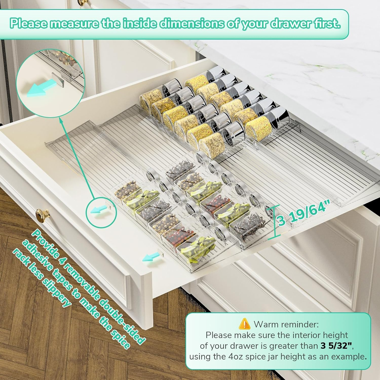 AVITONG Clear Acrylic Expandable Spice Rack for Drawers &ndash; 4 Pack Seasoning Organiser Holds 48 Jars, Fits Drawers from 28&ndash;56Cm Wide (Jars Not Included)