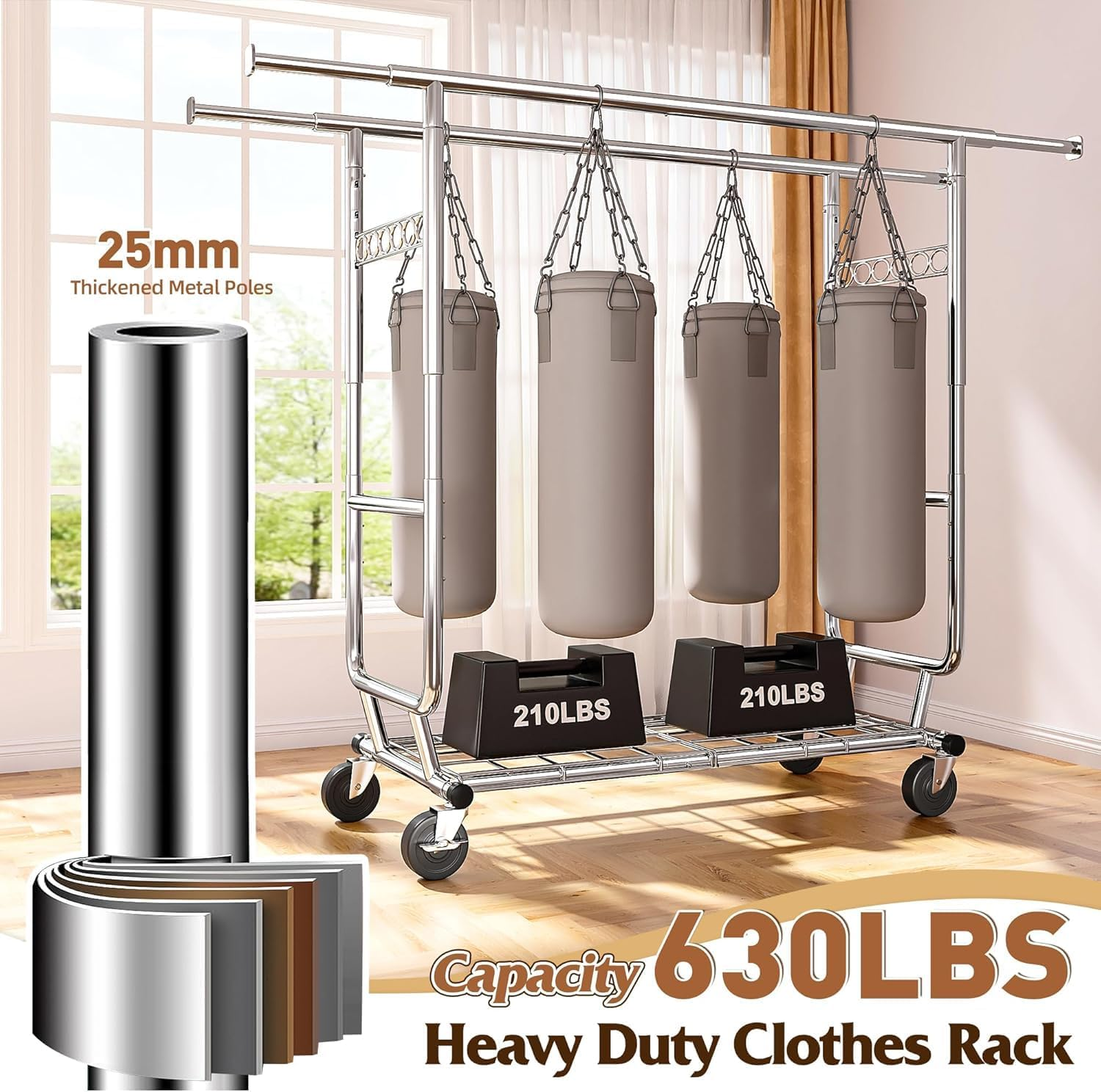 Yunking Clothes Rack,Clothing Rack 630 LBS Heavy Duty with Wheels Clothing Racks for Hanging Clothes Rolling Clothes Rack Adjustable & Commercial Garment Rack 22" D X 75" W X 68" H image number 4