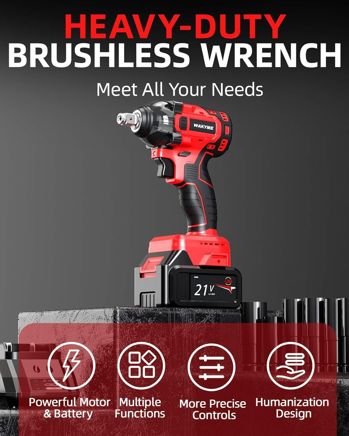 WAKYME 21V MAX Cordless Impact Wrench Kit, 1/2" Brushless Compact Wrench Power Tool Kit, TWO 4.0AH Li-Ion Battery, 7Pcs Driver Impact Sockets, Fast Charger, Belt Clip, Tool Box (250 Ft-Lb Torque) image number 3