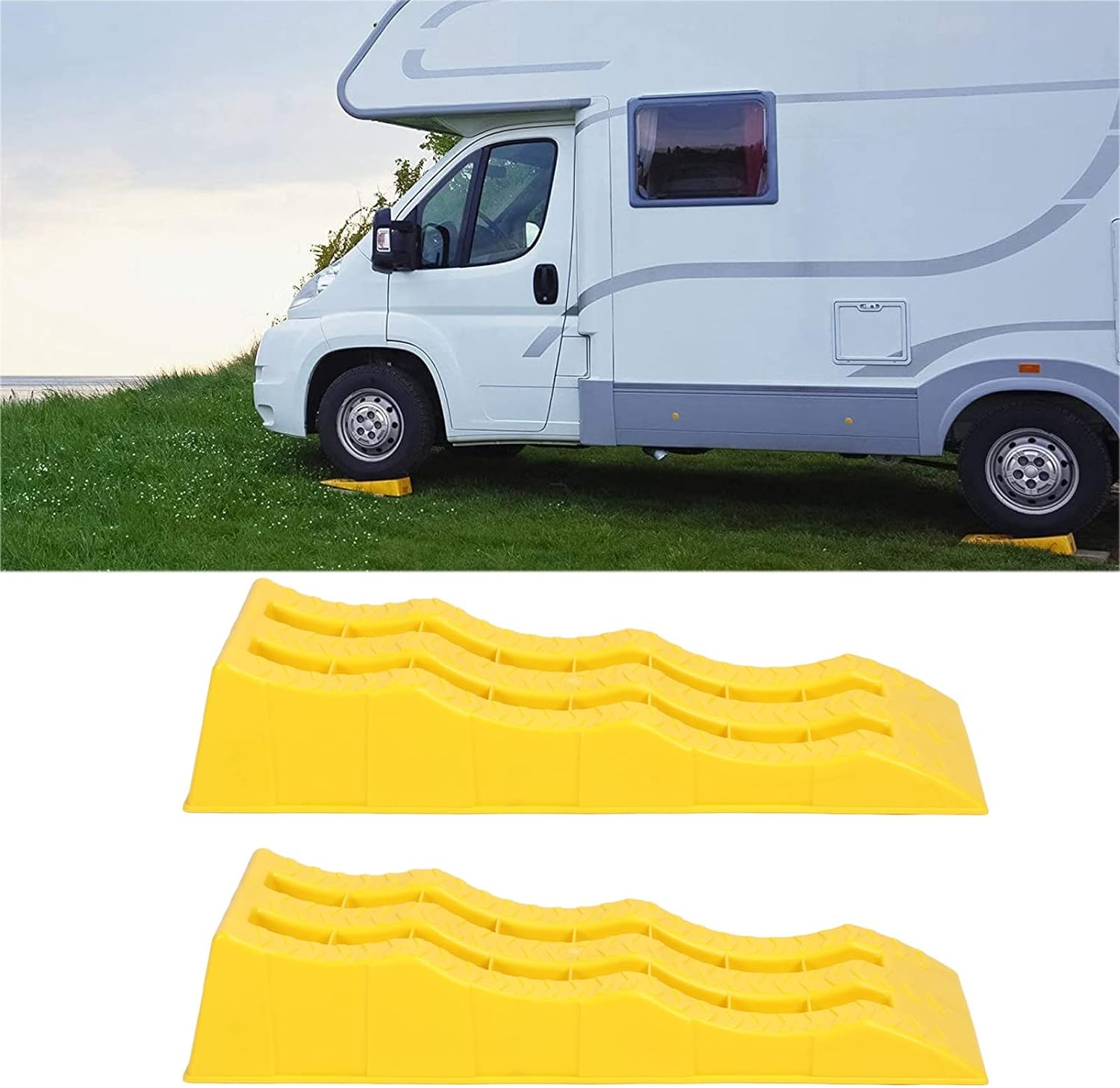 Camper Leveler, Yellow 3 Stage 1 Pair Strong Weight Bearing Easy Clean Trailer Wheel Chocks for Caravan image number 1