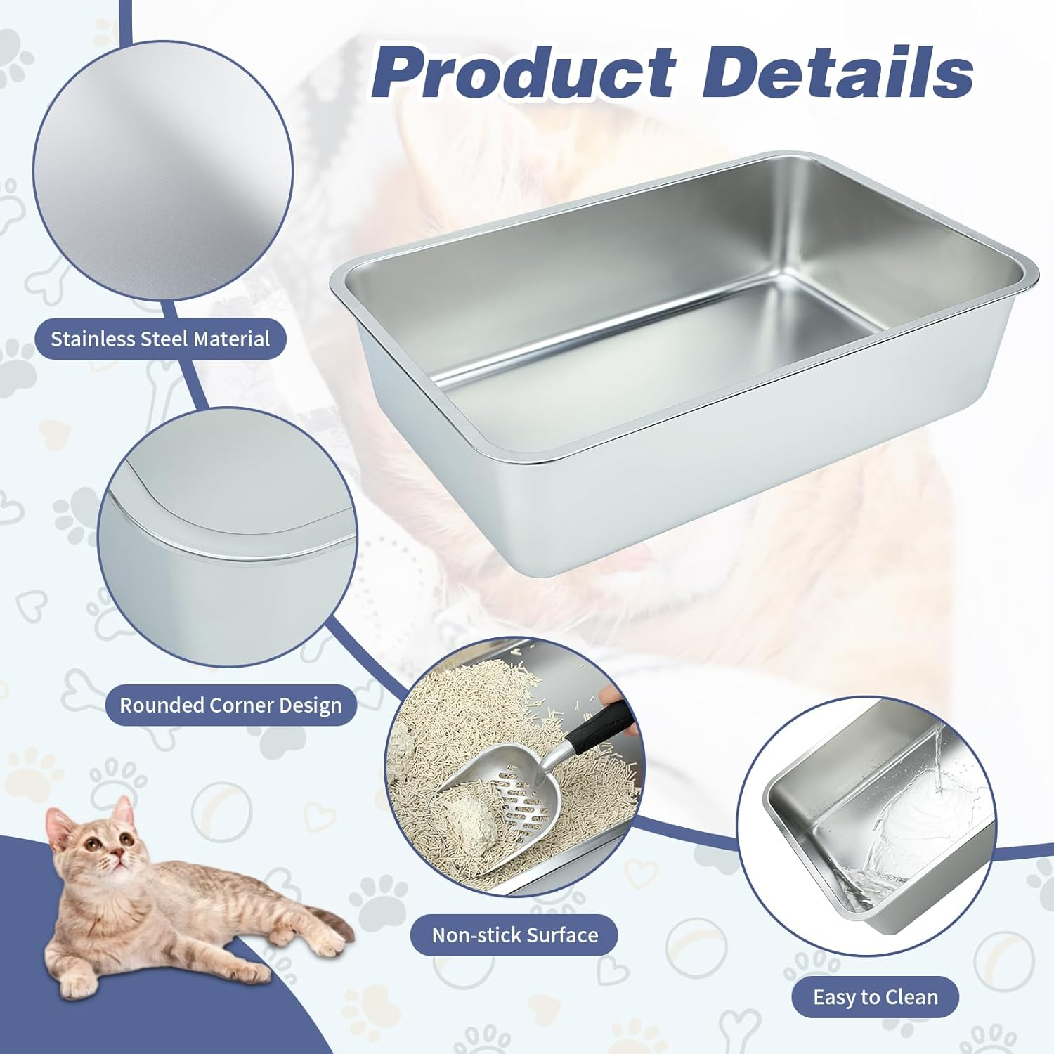 YUEPET 2 Packs Large Stainless Steel Cat Litter Box, Non Stick Metal Cat Litter Pan, Rustproof Tall Cat Litter Tray Easy to Clean Suitable for Cats Kitty 23.6"X15.7"X5.9" image number 6