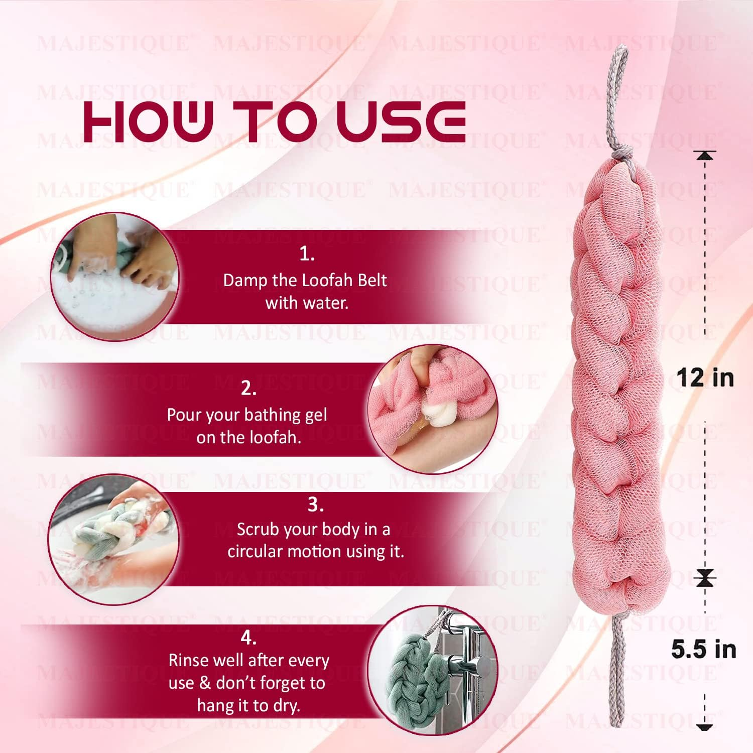 Majestique Mesh Bath Belt Long Bath Loofah Stretchable Braided Mesh Exfoliating Back Scrubber Body Shower Sponge -Random Colors Value Pack Best for Men and Women (Pack of 2) image number 3