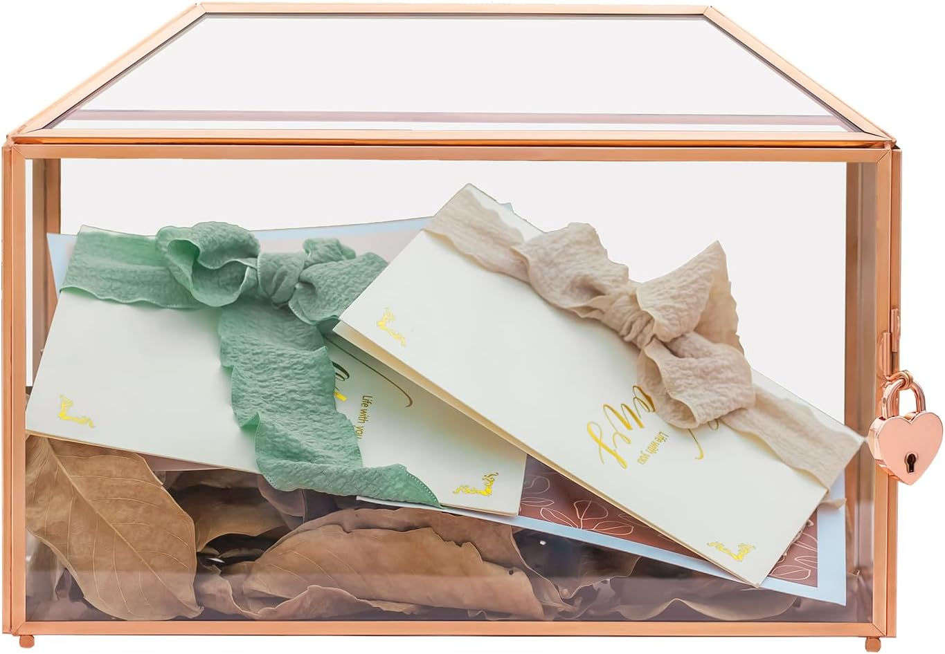 NCYP Wedding Cards Box with Slot and Lock, 12.6" X 5.9" X 9" Rose Gold Glass Envelope Card Holder for Birthday Party Reception, Decorative Terrarium (Glass Box Only) Slot Length 7.3 Inches