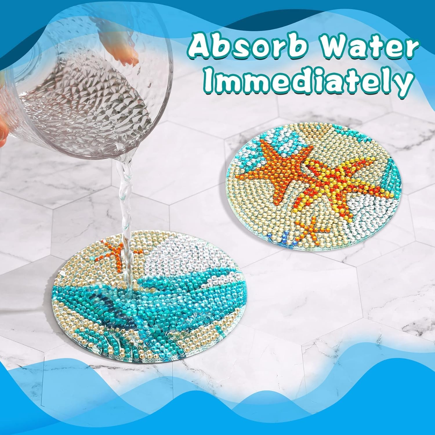 Ocean Diamond Art Painting Coaster Kit, 8Pcs DIY Crafts Kit with Holder, Non Slip Coaster Art Supplies for Adults, Ideal Gift image number 2