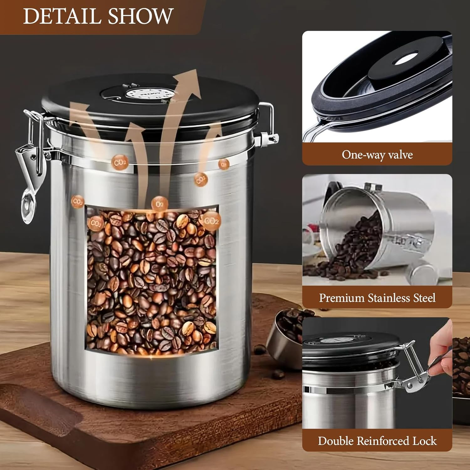 Airtight Coffee Beans Canister, 1.8L Stainless Steel Container, Airtight Stainless Steel Food Storage Container with Date Tracker and Scoop for Grounds Coffee,Beans,Tea,Flour, Cereal,Sugar (Silvery) image number 3