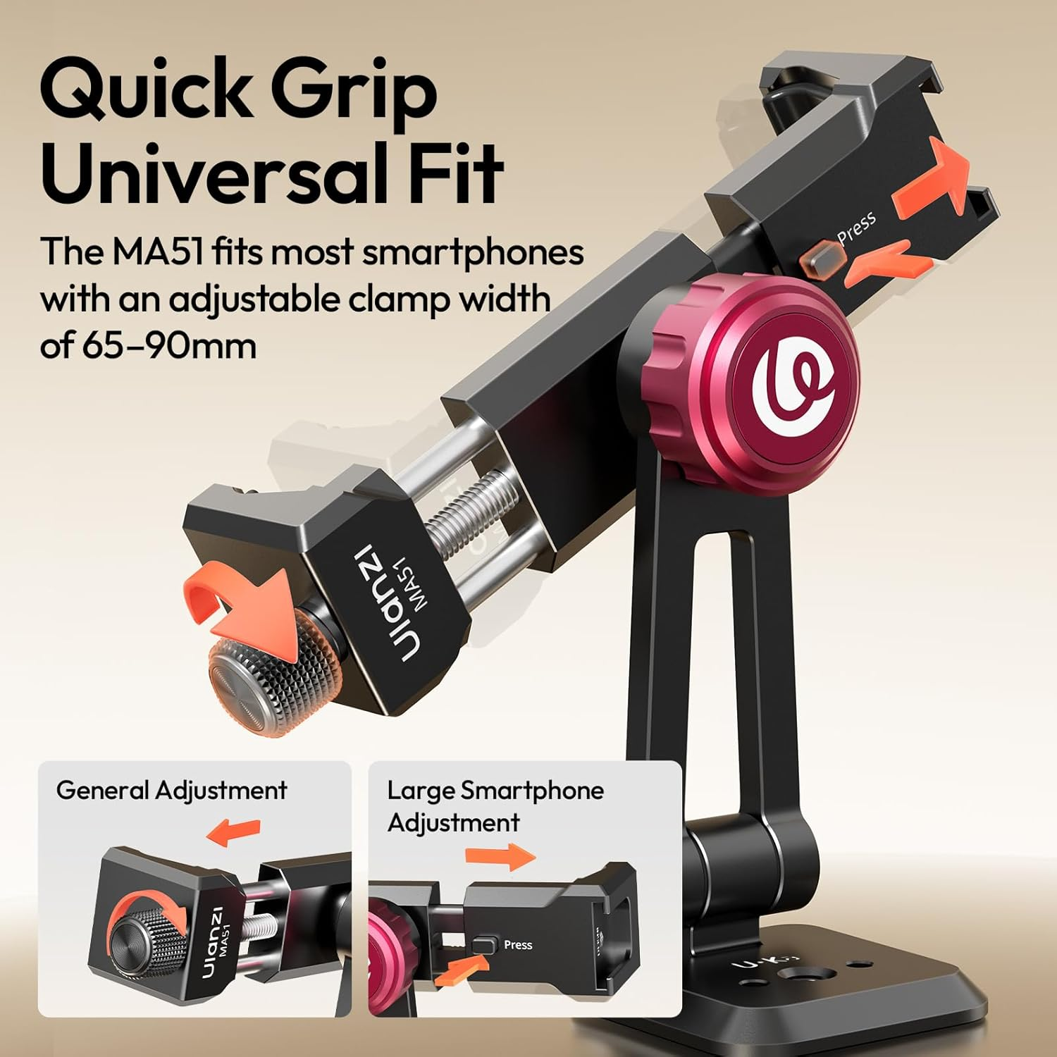 ULANZI MA51 Metal Phone Tripod Mount, Phone Clamp with Arca UKA Base, Cold Shoe, ARRI Locating Holes, 360&deg; Swivel 180&deg; Tilt, Cell Phone Holder Compatible with Iphone Samsung Galaxy and All Phones image number 2