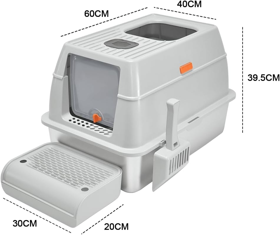 20L Cat Litter Box Large Stainless Steel Litter Box, Anti-Leak Enclosed Cat Litter Box Detachable Kitty Litter Tray with ABS Lid High Sides Scoop and Ramp Easy Cleaning Light Grey