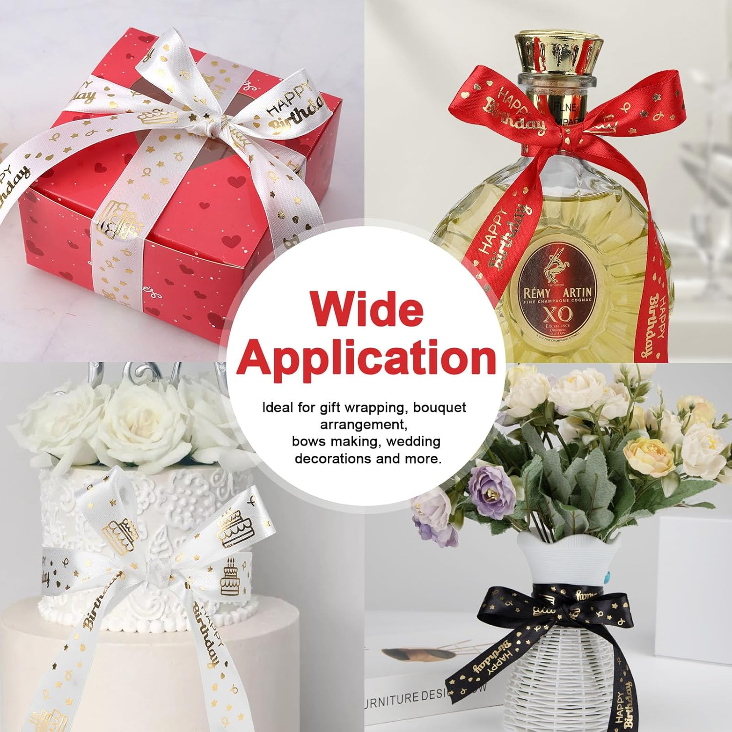 IHKFILAN Satin Ribbon for Gift Wrapping, 1 Inch 25 Yards Happy Birthday Ribbon, Polyester Ribbon with Gold Letters for Invitations Bouquets Birthday Parties Weddings DIY Bows (Black, Happy Birthday) image number 4